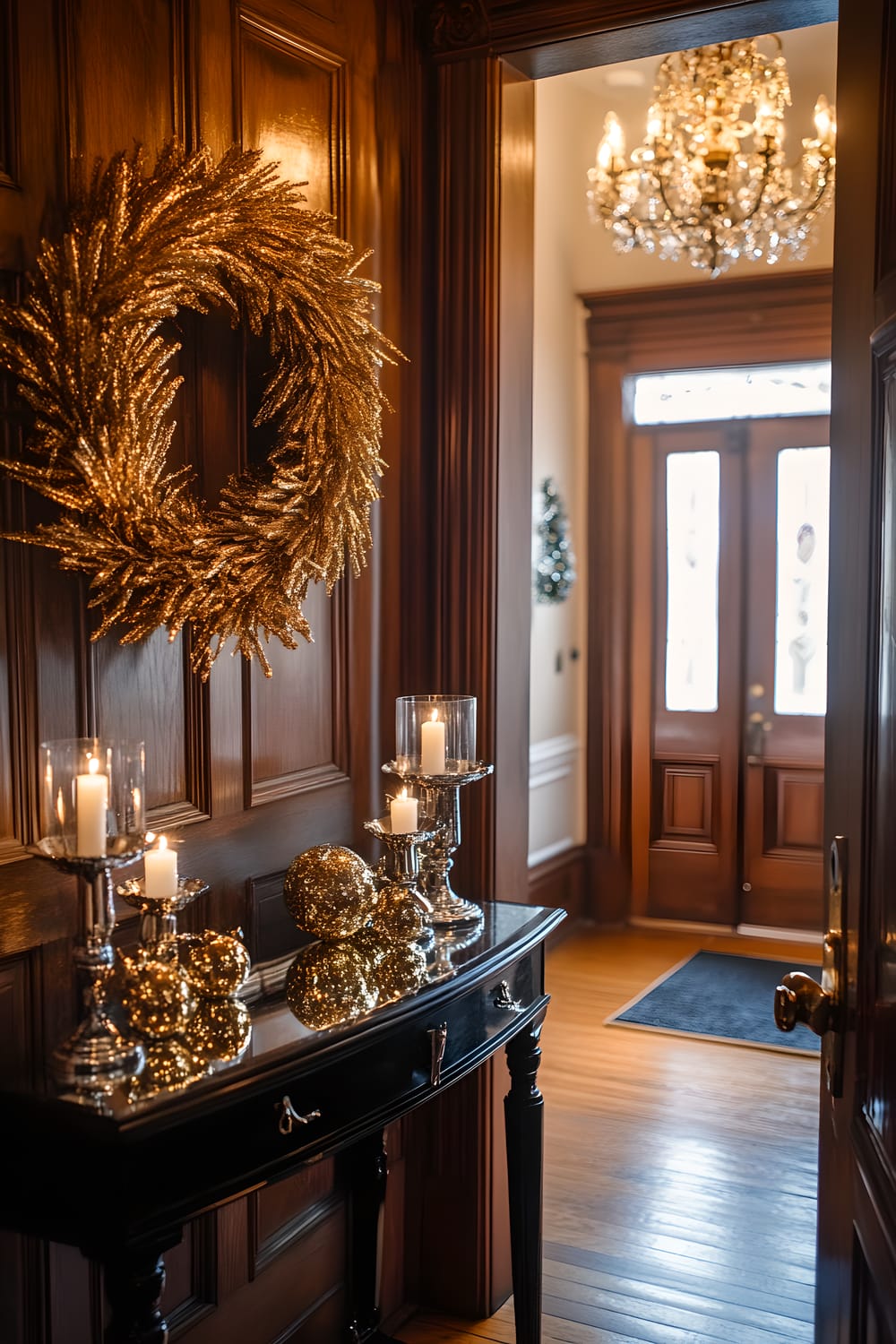 A welcoming Boston brownstone entryway set up for New Year's Eve. A large golden wreath hangs on the wooden door, and ten small pieces of gold confetti are strewn over a sleek black mirrored console table. Two silver candle holders holding white candles, punctuate the table. Soft overhead lighting bathes the scene in a warm glow.