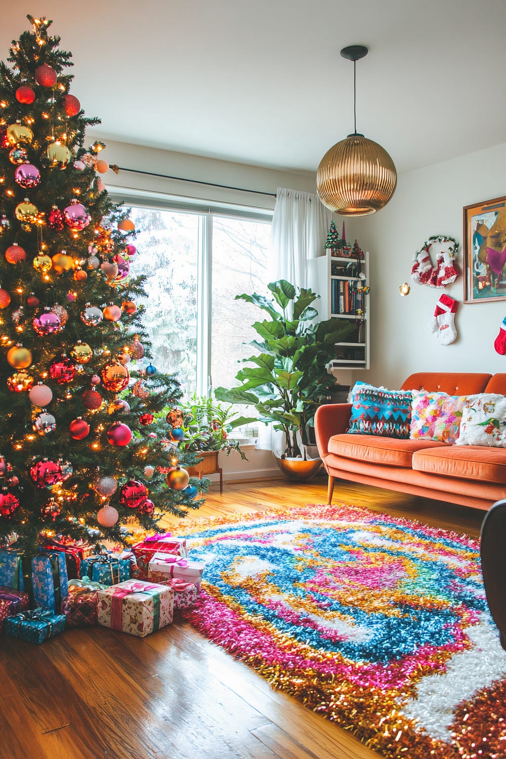 A brightly decorated living room during Christmas. There is a large Christmas tree adorned with various colorful ornaments, including red, pink, and gold baubles. Beneath the tree are neatly wrapped presents in festive wrapping paper. An orange mid-century modern sofa is filled with vibrant and eclectic throw pillows. A vivid, multi-colored, and fluffy area rug is spread out on the floor. Behind the sofa, a small bookshelf holds books and decorative items, while houseplants add a touch of greenery. The room is softly lit by natural light filtering through large windows with sheer white curtains. A golden, spherical pendant light hangs from the ceiling.