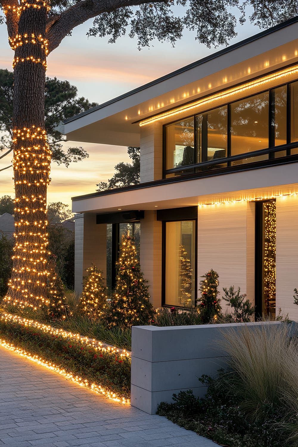 Modern home exterior with Christmas lights. The house features white and gold lights wrapping around a large tree and adorning the facade and landscaping elements. The scene is set during the golden hour, enhancing the soft, cool tones of the minimalist landscaping and sleek design of the house. Evergreens and shrubs in the yard are also decorated with bright lights.