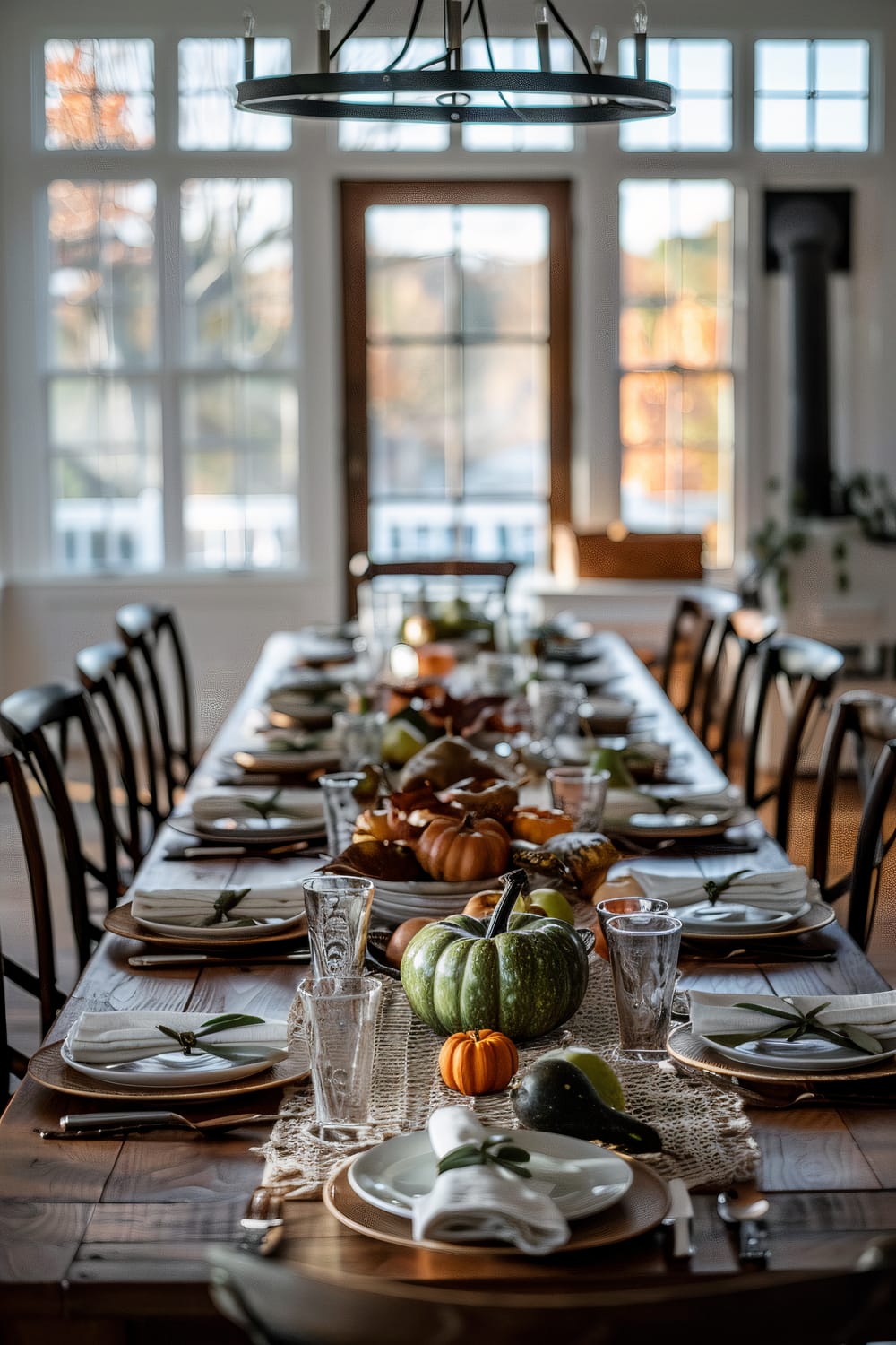 A long wooden dining table is set for a meal and decorated with an autumnal theme. The table features a runner with a variety of pumpkins, gourds, and fall leaves as the centerpiece. Each place setting includes a white plate with a cloth napkin, tied with a green leaf, accompanied by glasses and cutlery. Wooden chairs surround the table, and large windows in the background allow for natural light to flood the room, highlighting the warm, rustic decor.