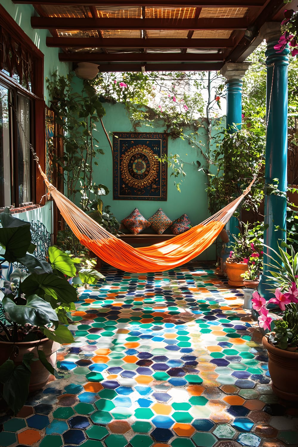 A bright and inviting patio scene with a hexagonal tiled floor displaying bold mosaic patterns in emerald green, cobalt blue, and sunflower yellow. A vibrant orange hammock is strung between two white posts, perfectly positioned for a leisurely rest. The area around is enlivened by lush potted hibiscus and bougainvillea plants, enhancing the tropical tone. The afternoon sunlight filters through a hanging prism, casting playful rainbow patterns onto the nearby white walls.