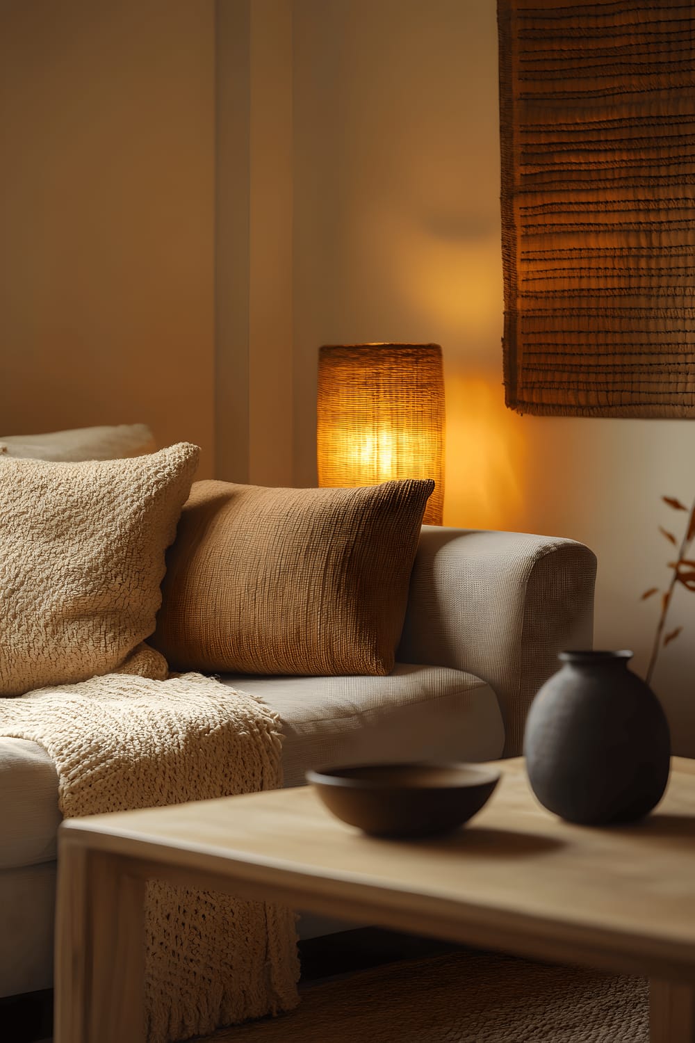 A warm and inviting Tokyo home interior with a comfortable linen sofa draped with a cozy knitted throw. A rustic wooden coffee table sits in front of the sofa, populated with handmade pottery. A woven wall hanging adorns the space, while soft amber light from vintage-style lamps highlight the handcrafted elements and rich colors within the room.