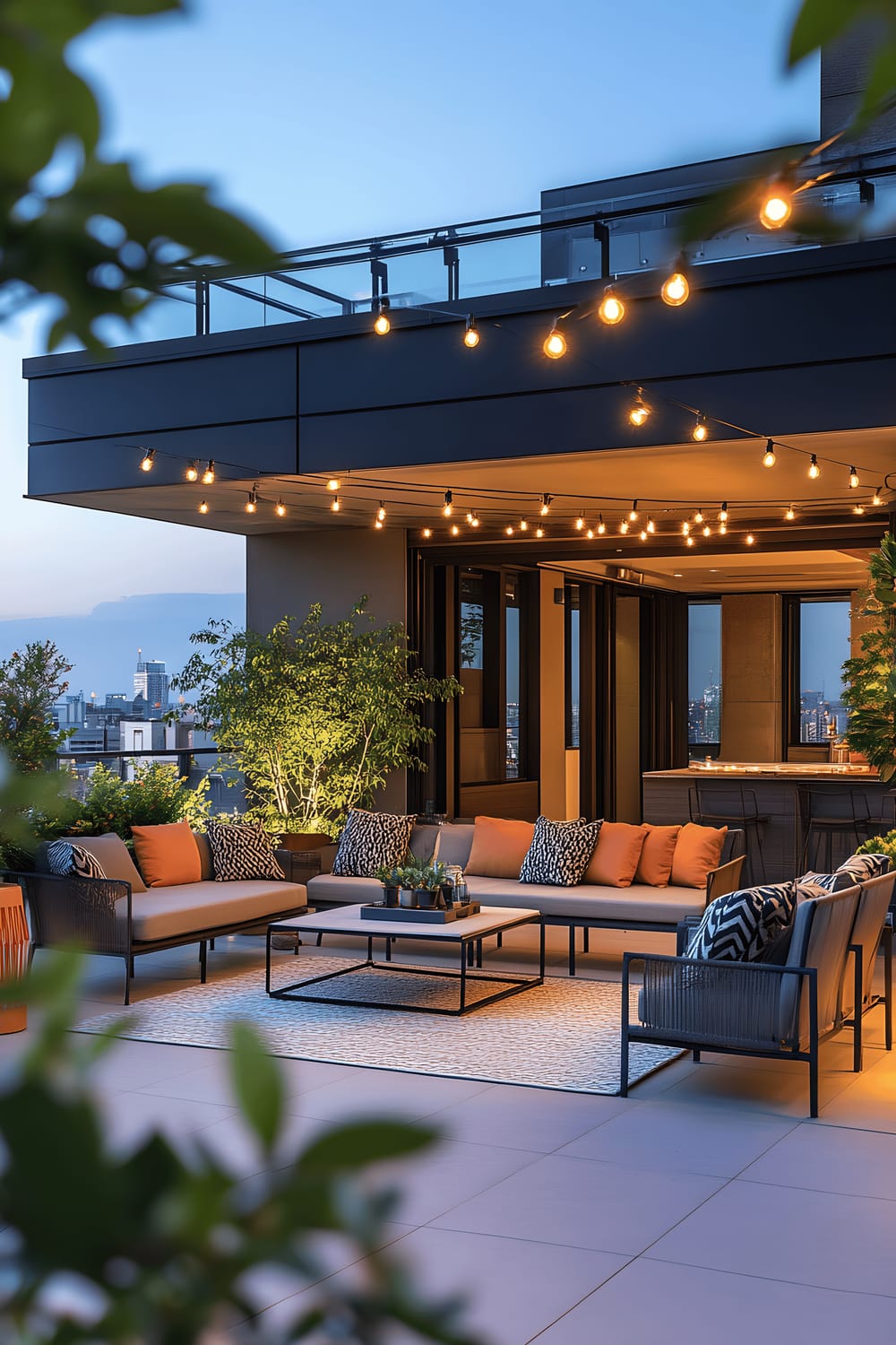 A contemporary Tokyo terrace featuring sleek outdoor furniture in neutral hues with vibrant cushions against the backdrop of a panoramic city view. The scene includes a modern metal dining set with a glass top table and plush armchairs. Potted succulents and bamboo plants frame the setting and ambient string lights draped across the sky provide a warm glow.