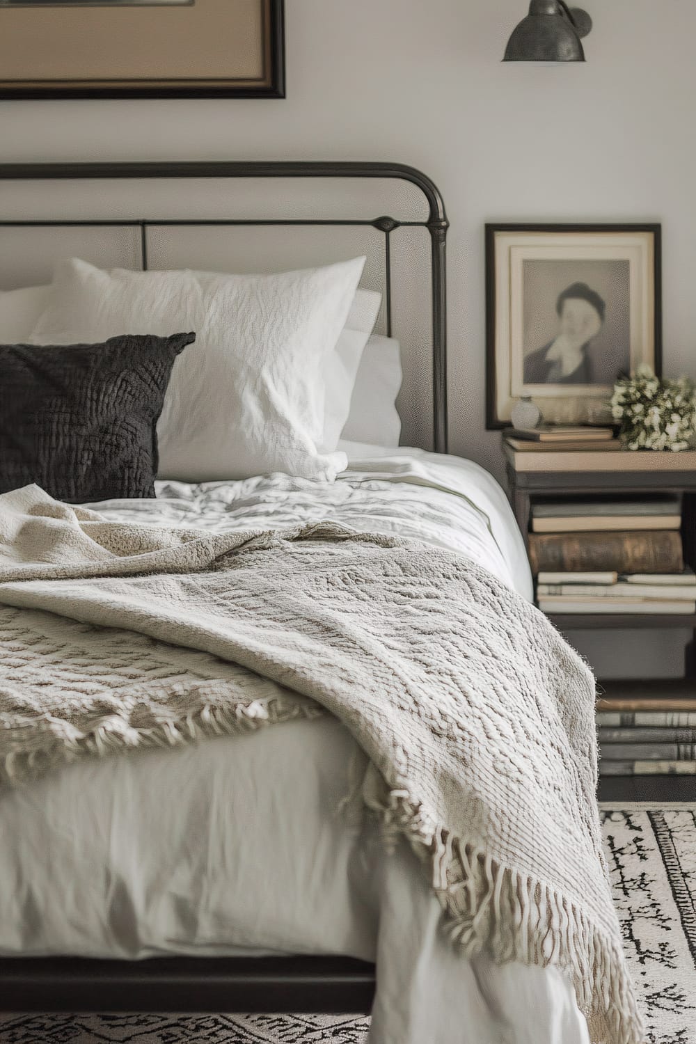 A bedroom featuring a wrought iron bed with white linens. A textured beige throw blanket is draped over the bed. The side table holds an antique photograph, several books, and a small bouquet of flowers. Above the bed is a dark-framed picture, and a vintage-style wall lamp illuminates the space.