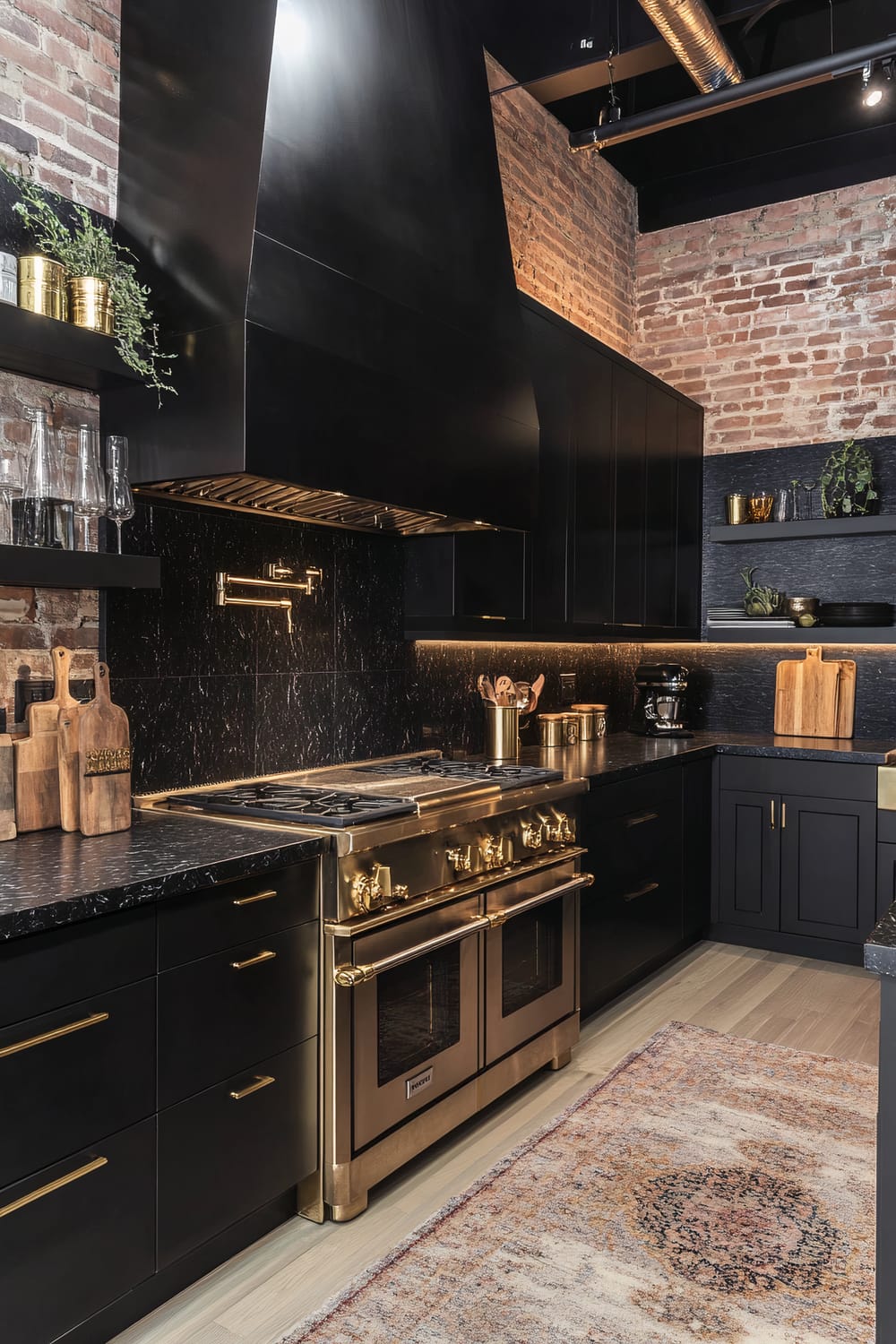 A sophisticated kitchen features dark cabinetry with a matte black finish. Above the black countertops and backsplash is an exposed brick wall, adding a rustic touch. The centerpiece is an elegant, gold-accented, stainless steel range with multiple knobs and handles, illuminated by a warm task light. The room also displays wooden cutting boards, leafy green plants in gold pots, and glass containers, all arranged neatly. Open shelves hold dinnerware and additional plants. The scene is grounded by a light, patterned rug on a wooden floor.