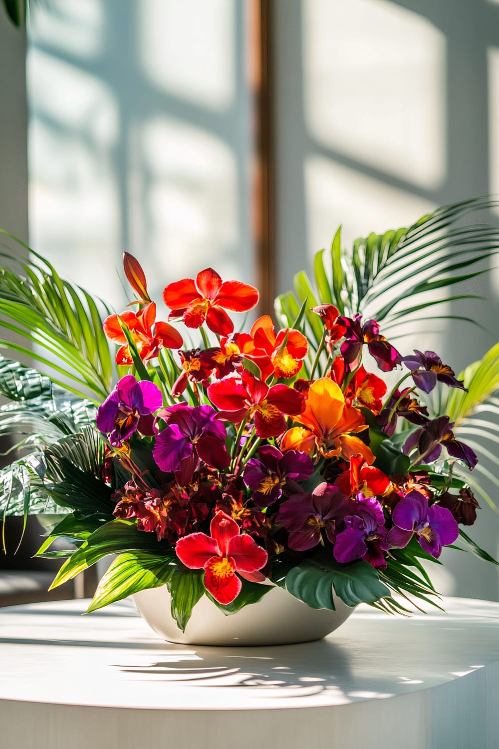 A bright floral arrangement featuring an array of colorful flowers, predominantly orchids in shades of red, orange, and purple, accompanied by green palm leaves, set in a round white vase on a sunlit table.