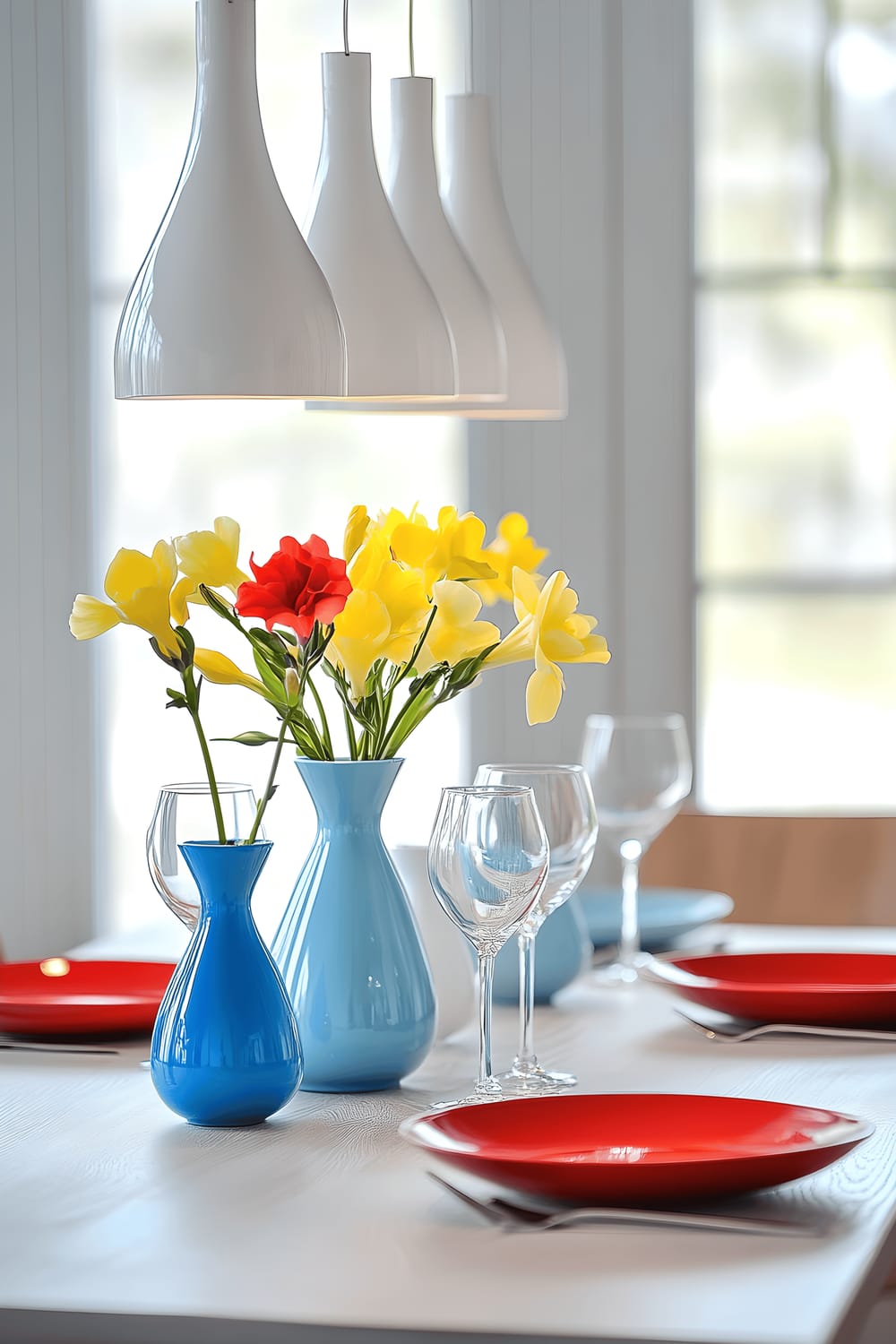 A contemporary Scandinavian-inspired dining room with a set table featuring white ceramic plates and vibrant, primary-colored glassware in shades of red, blue, and yellow. The table centerpiece is a minimalist arrangement of fresh flowers in a bright blue vase. Overhead pendant lights with stark white shades cast a clean, striking light over the table.