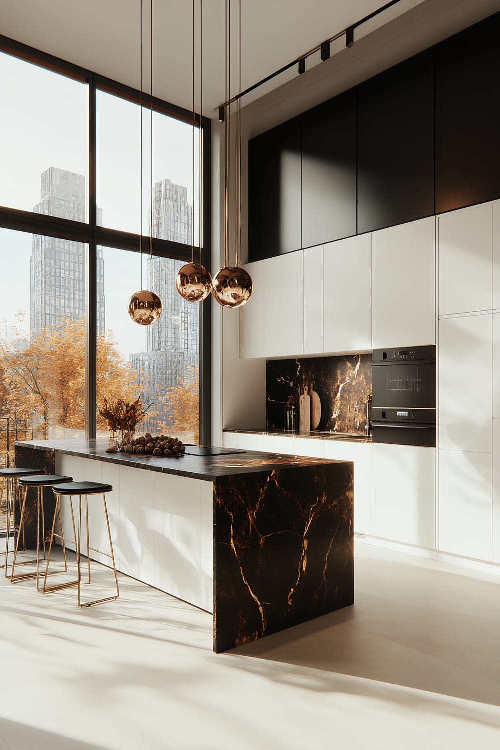 Modern kitchen interior featuring a minimalist design with sleek lines and high ceilings. The kitchen is illuminated by natural light streaming through large floor-to-ceiling windows, revealing a cityscape with tall buildings and trees with autumn leaves outside. The focal point is a black marble island with white veining, accompanied by three black and gold barstools. Above the island hangs a set of three shiny, spherical pendant lights in a metallic gold finish. The cabinetry is split between black upper cabinets and white lower cabinets with a black marble backsplash.