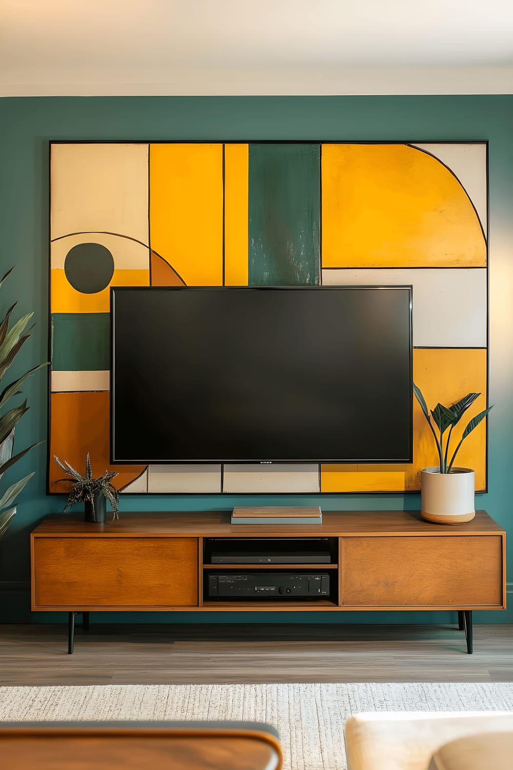 A flat-screen television is mounted on a wall surrounded by large pieces of geometric wall art in shades of mustard yellow, teal, and olive green. The art pieces are tastefully spotlighted so as not to overpower the television. The overall setting evokes a mid-century aesthetic.