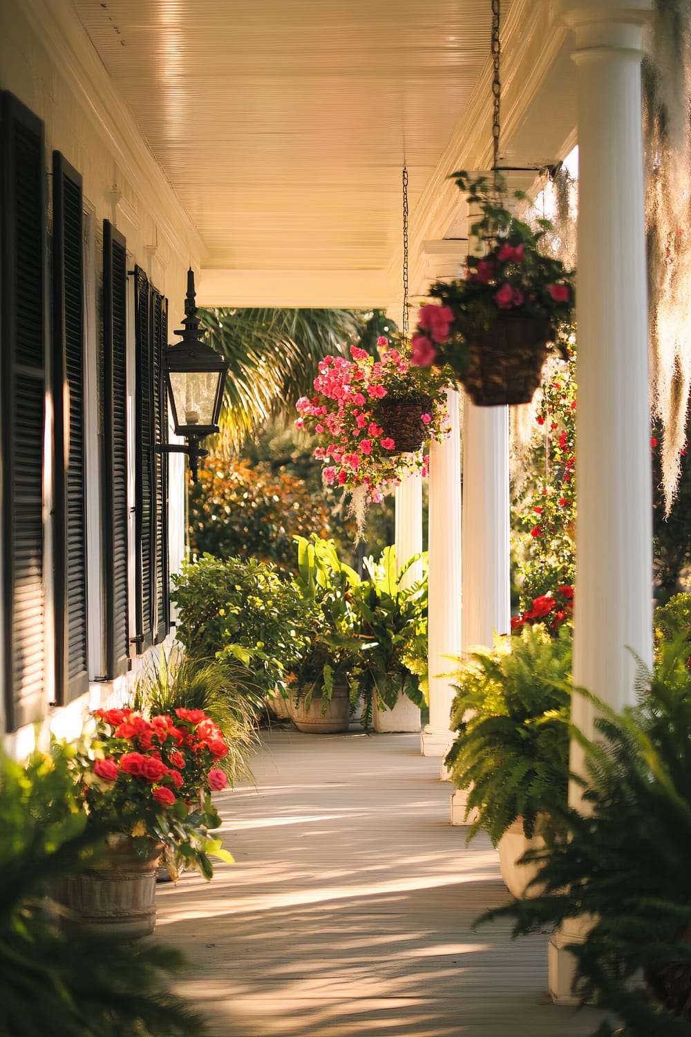 A picturesque porch with white columns adorned with lush potted plants and hanging flower baskets. The porch features dark shutters, a classic lantern, and an abundance of greenery and vibrant red flowers.