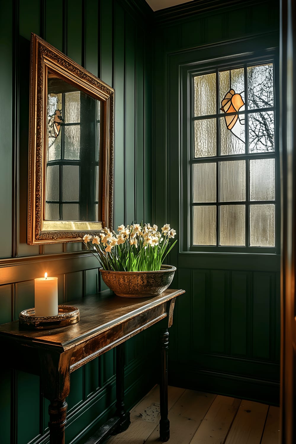 A grand hallway featuring deep forest-green wainscoting. A vintage console table sporting a flickering candle and a ceramic bowl full of fresh daffodils stands against the wainscoting. Over the console is a distressed gold-framed mirror. Daybreak merrily illuminates the hall through a stained-glass window, casting a multicolored glow onto the scene.