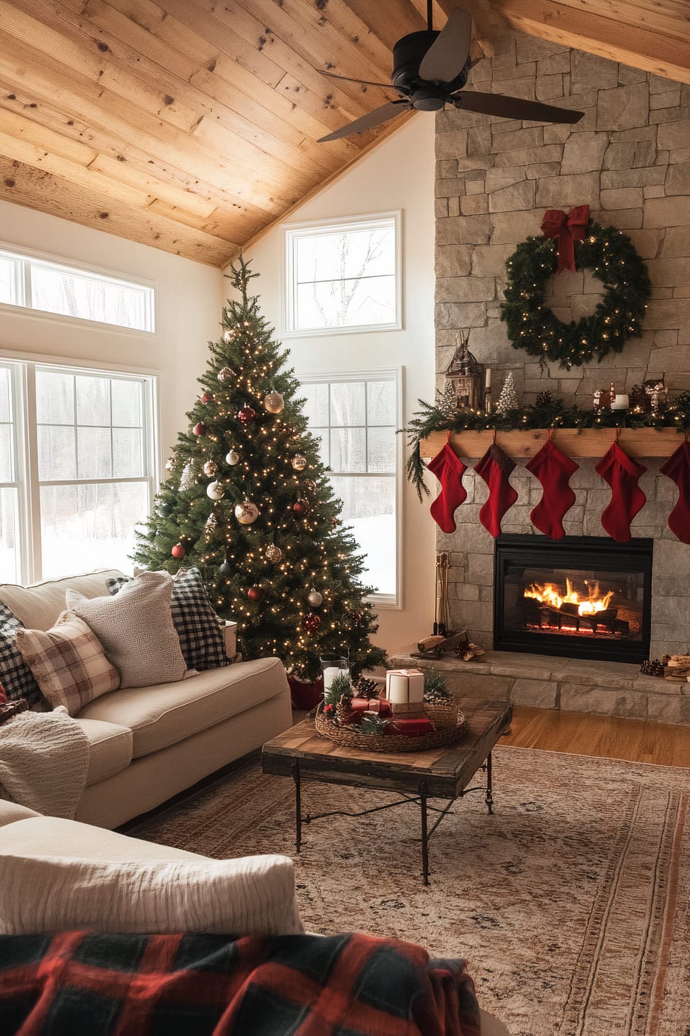 A warm and inviting living room decorated for Christmas. A large, decorated Christmas tree stands next to a window, adorned with red and gold ornaments and string lights. The stone fireplace has a wooden mantel adorned with festive decorations, such as a wreath and red stockings hanging below. A cozy sofa with various cushions is placed in front of the fireplace, and a rustic wooden coffee table is set with holiday candles and decorations. The room features high, wood-paneled ceilings and large windows that allow natural light to fill the space.