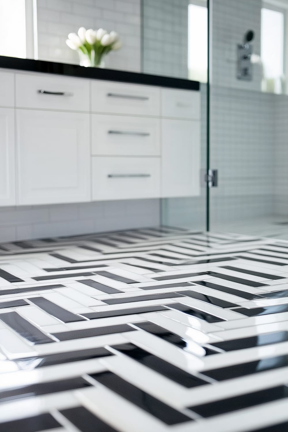 A modern bathroom featuring a striking monochrome zigzag pattern on the floor tiles. The pattern consists of black and white tiles arranged in a dynamic herringbone layout. In the background, there is a white vanity unit with sleek black countertops and silver handles. A clear glass shower enclosure is also visible, with white subway tiles lining the wall. A bouquet of white tulips sits on the countertop, adding a touch of freshness to the space.