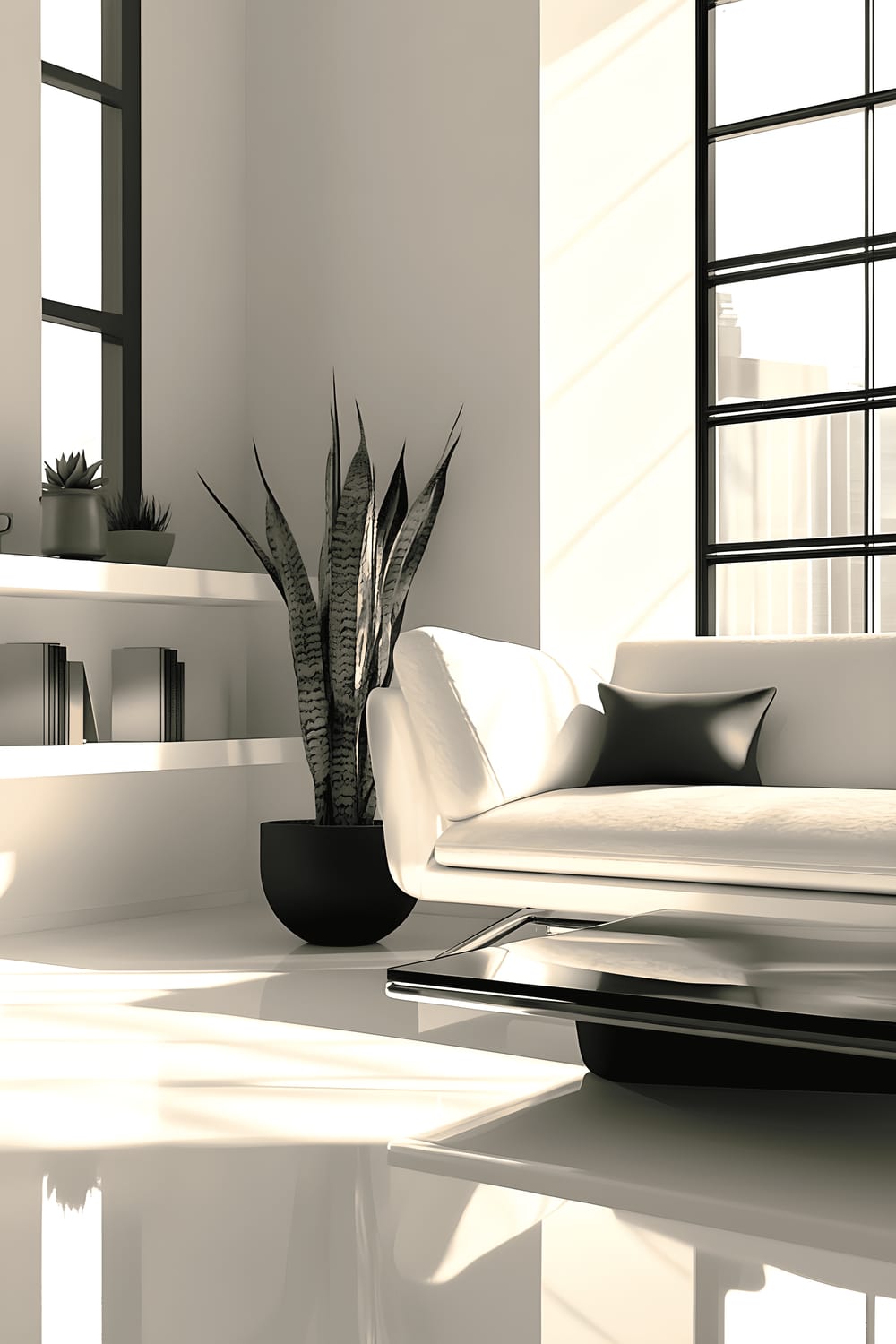 A small urban living room with minimalist decor consisting of a low-profile sofa, a glass and metal coffee table, floating shelves adorned with tasteful decor, and a single snake plant in a stylish pot. The room has a monochrome color scheme with accentuating black and white features with large windows admitting light from several angles, forming a deep and contrasting view.