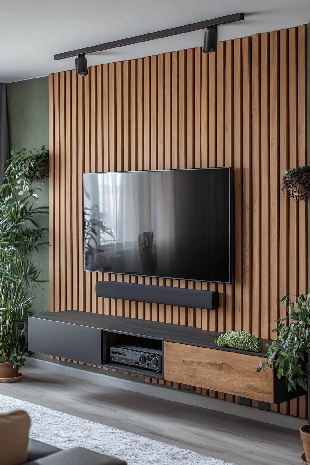 A flat screen television is mounted on a wall adorned with thin wooden slats arranged vertically. The slats, finished in a dark stain, add texture and an architectural element to the wall. Between some of the slats, soft ambient light emanates, enhancing the overall warmth of the scene. The design is modern yet intimate, successfully functional without outshining the television.