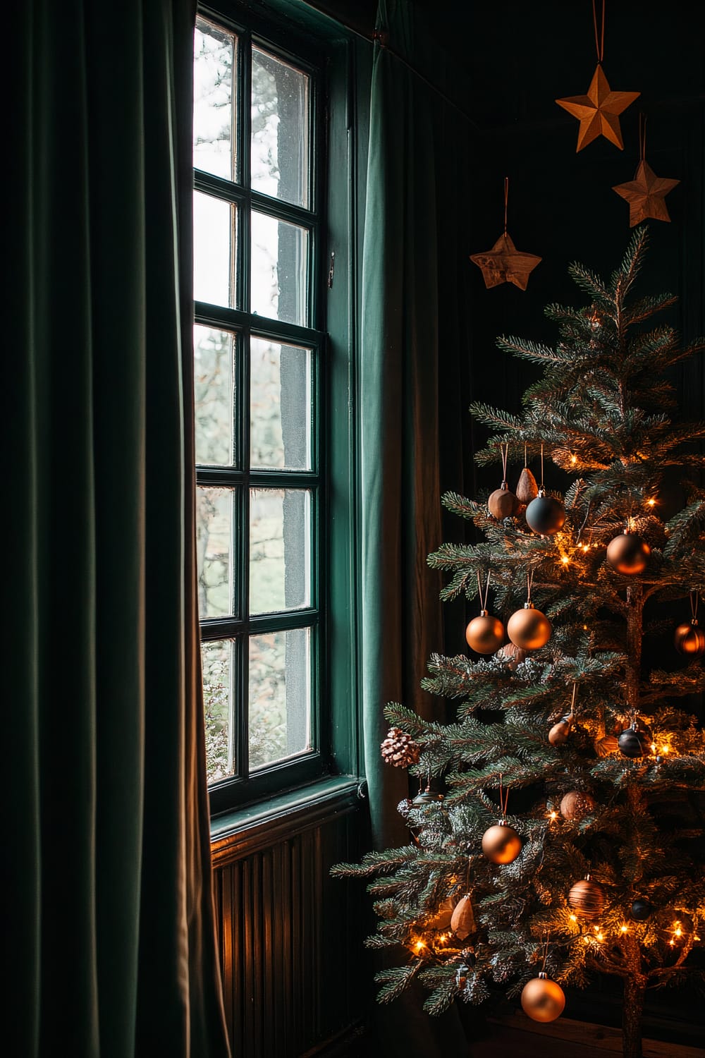 Image of a Christmas tree decorated with warm lights and earthy-toned ornaments placed next to a window with dark green curtains. The window frame and wall paneling are also green. Wooden star decorations hang above the tree.