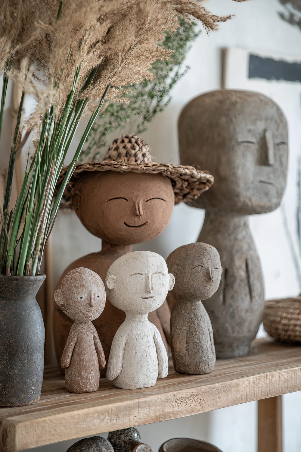 Handmade clay sculptures and natural fiber ornaments on a bamboo shelf. Different sizes of smiling clay figurines in earthy tones like terracotta, beige, and gray are displayed, with some adorned with woven hats. Pampas grass and greenery add to the natural elements. The background includes vases and baskets made from eco-friendly materials.