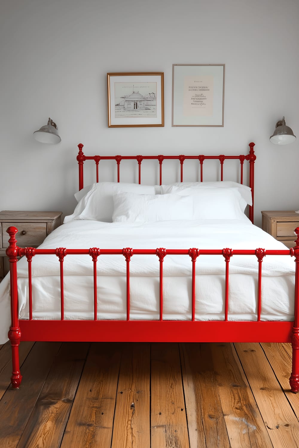 A vividly repainted cherry red cast iron bed frame situated in the center of a minimalist bedroom. The bed is adorned with white linen bedding which contrasts with the red frame, while warm wooden flooring adds comfort and homeliness to the space. The room displays a sparsely decorated aesthetic, embodying a minimalist design ethos.