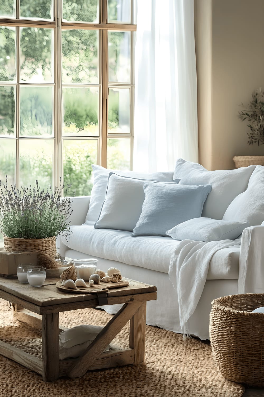 A Mediterranean-inspired living room with a white and light blue linen sofa, a driftwood coffee table, and wicker furniture accents. Nautical elements such as rope-wrapped mirrors and seashell decor are placed around the room. Several plants including lavender and rosemary are growing in terracotta pots. There are large windows that give a view of the ocean, flooding the room with natural light.