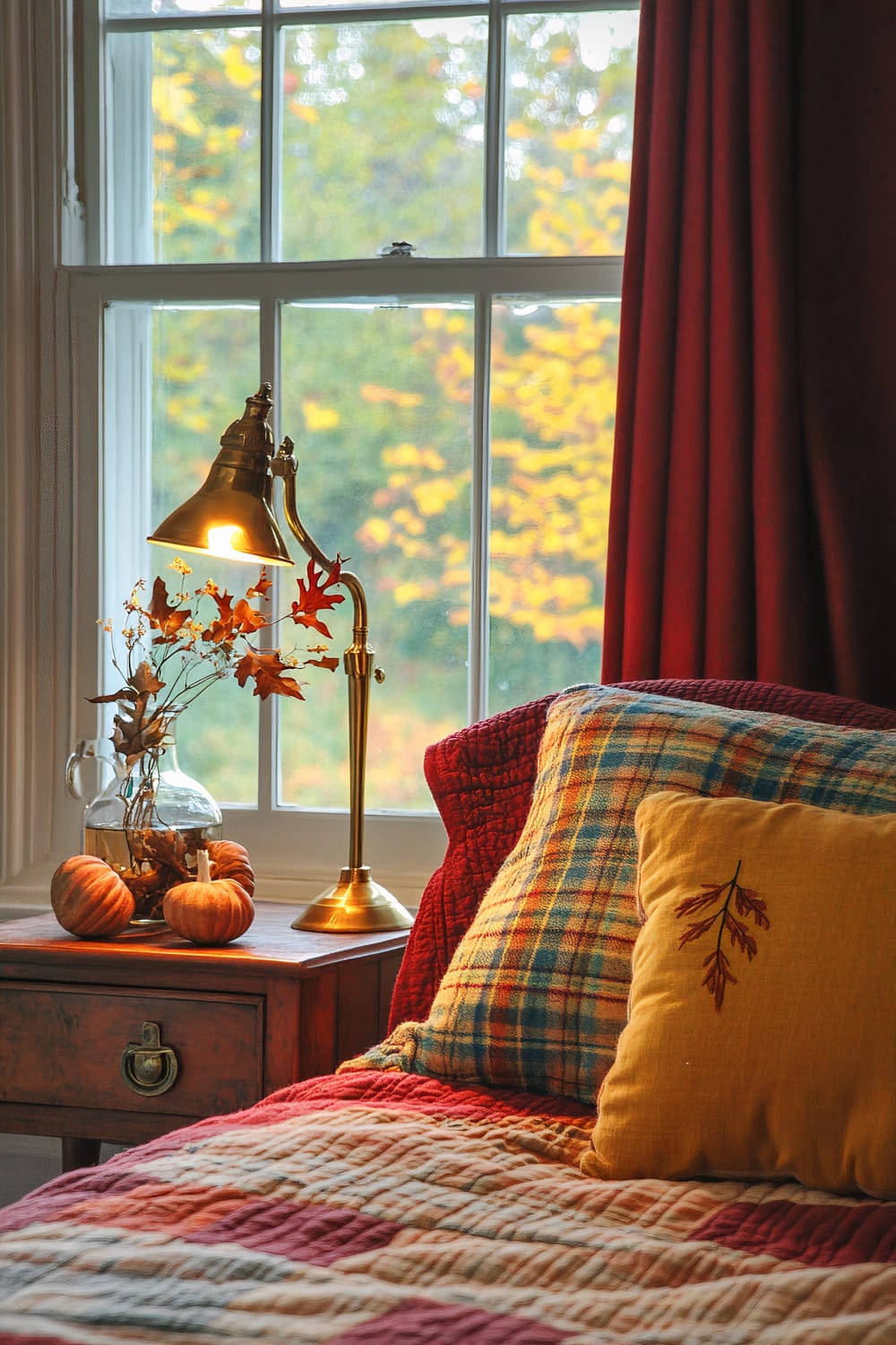 A cozy, autumn-themed room corner featuring a bed with a plaid and red quilt, a yellow pillow with a leaf embroidery, and an antique side table. The table has a brass lamp, a glass vase with dried leaves, and decorative pumpkins. The window has red curtains and shows a view of autumn foliage.