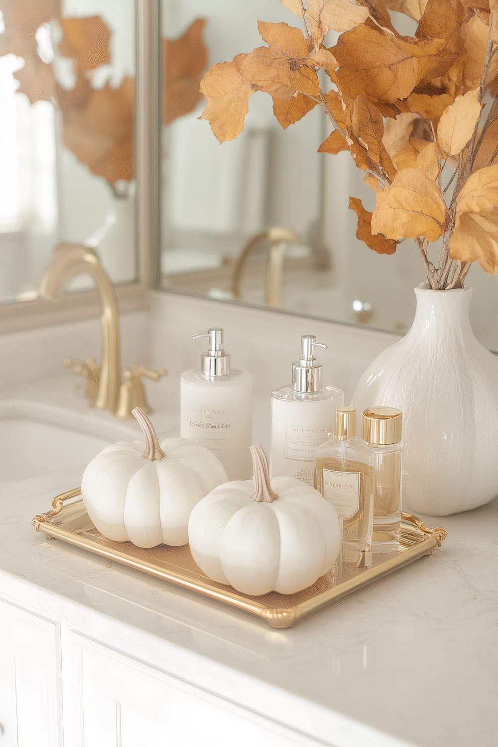 An elegant bathroom vanity is adorned with a golden tray holding two white pumpkins, a few luxurious toiletries in white and gold bottles, and a vase with autumn leaves. The fixtures, such as the faucet and soap dispenser, are gold, complementing the overall warm and refined aesthetic.