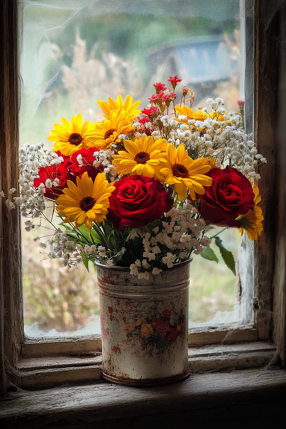 A bouquet of vibrant yellow sunflowers, red roses, and white baby's breath arranged in a vintage, weathered tin can placed on an old wooden windowsill. The window has slightly dirty panes, and cobwebs are visible in the corners, suggesting an aged or abandoned setting. The backdrop outside the window is blurred, showing a rustic garden with greenery.