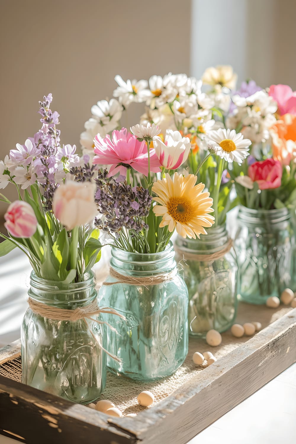 A DIY-inspired centerpiece featuring a collection of hand-painted pastel shaded mason jars filled with different seasonal flowers. The jars are arranged on a rustic wooden tray with hand-painted designs, adorned with twine and small wooden beads, and placed on a light-beige table with a simple burlap runner, all brightly illuminated by natural sunlight.