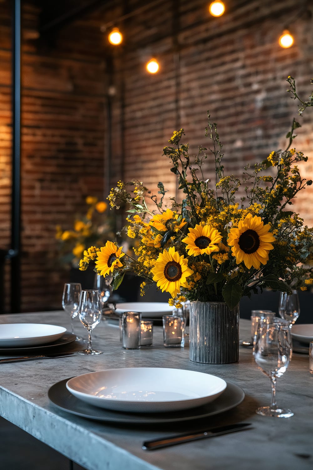 A rustic dining table adorned with sunflowers in a vase as the centerpiece. The table is set with plates, cutlery, and wine glasses, with small candles adding a cozy ambience. The background features a textured brick wall with warm hanging lights.