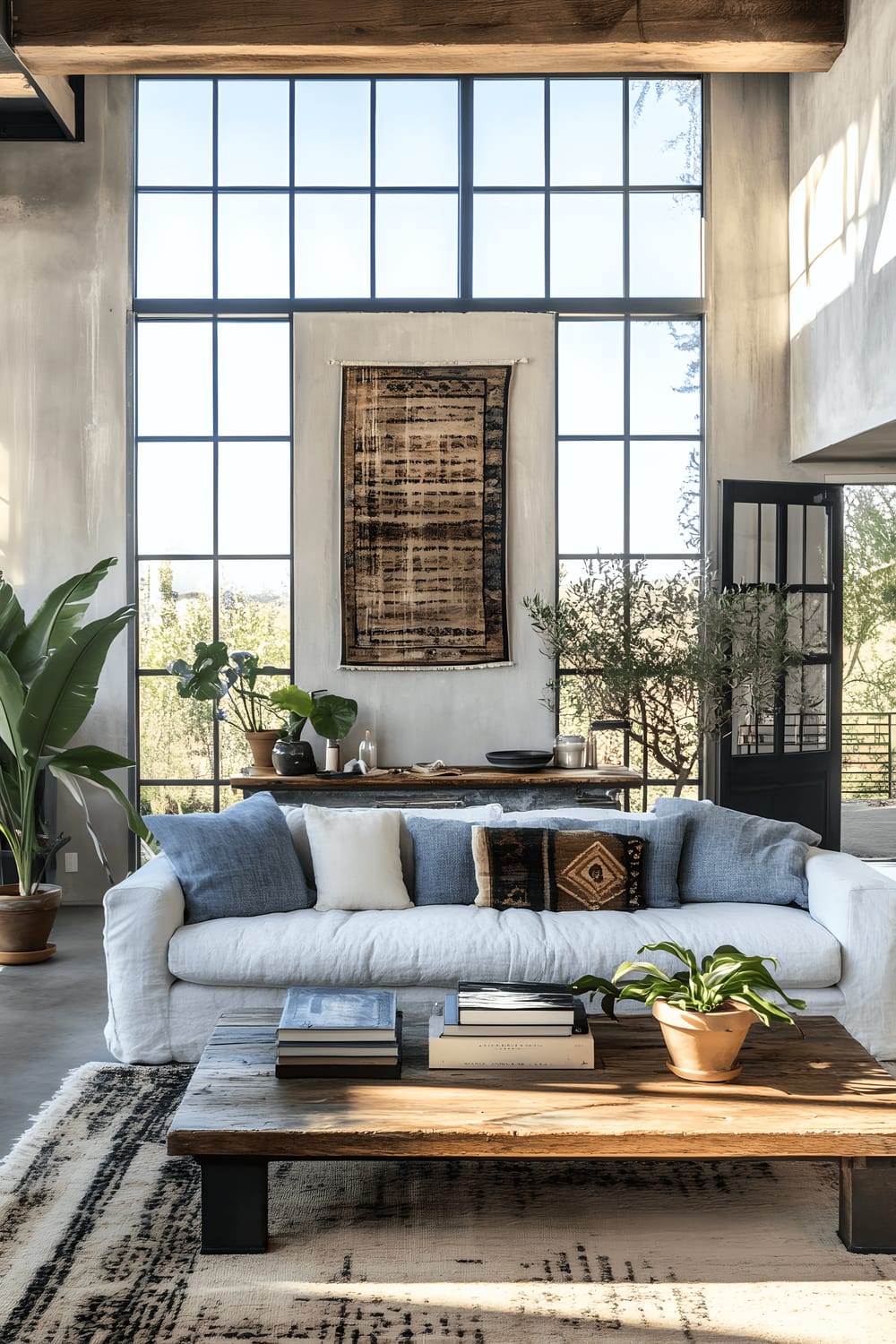 A modern farmhouse style living room featuring a denim upholstered sofa, an abstract metal sculpture on a coffee table made of reclaimed barn wood, and scattering of handcrafted ceramic pots housing philodendrons. The room is well-lit by the daylight coming from a large multi-pane window and complimented by the warm light emitted from artistic floor lamps and wall sconces.