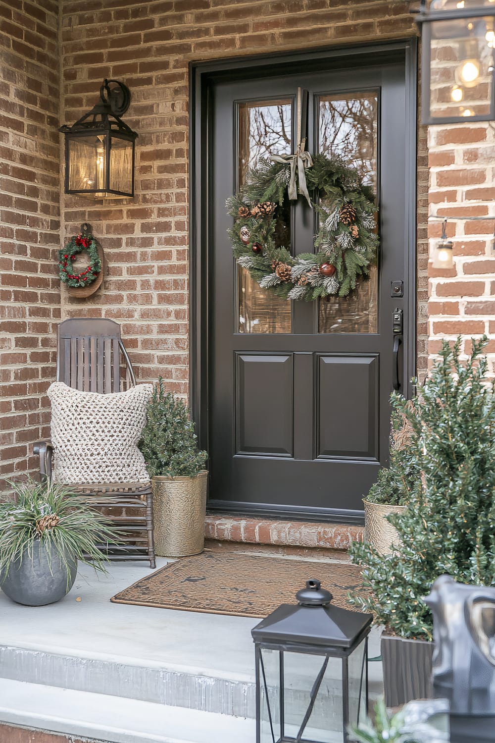 A beautifully decorated front porch featuring a black door with large glass panels and adorned with a festive wreath. The brick walls provide a warm, rustic charm. An antique wooden chair with a knitted cushion sits on the left side, accompanied by potted plants in metallic planters. Several lanterns add a cozy ambiance to the space.