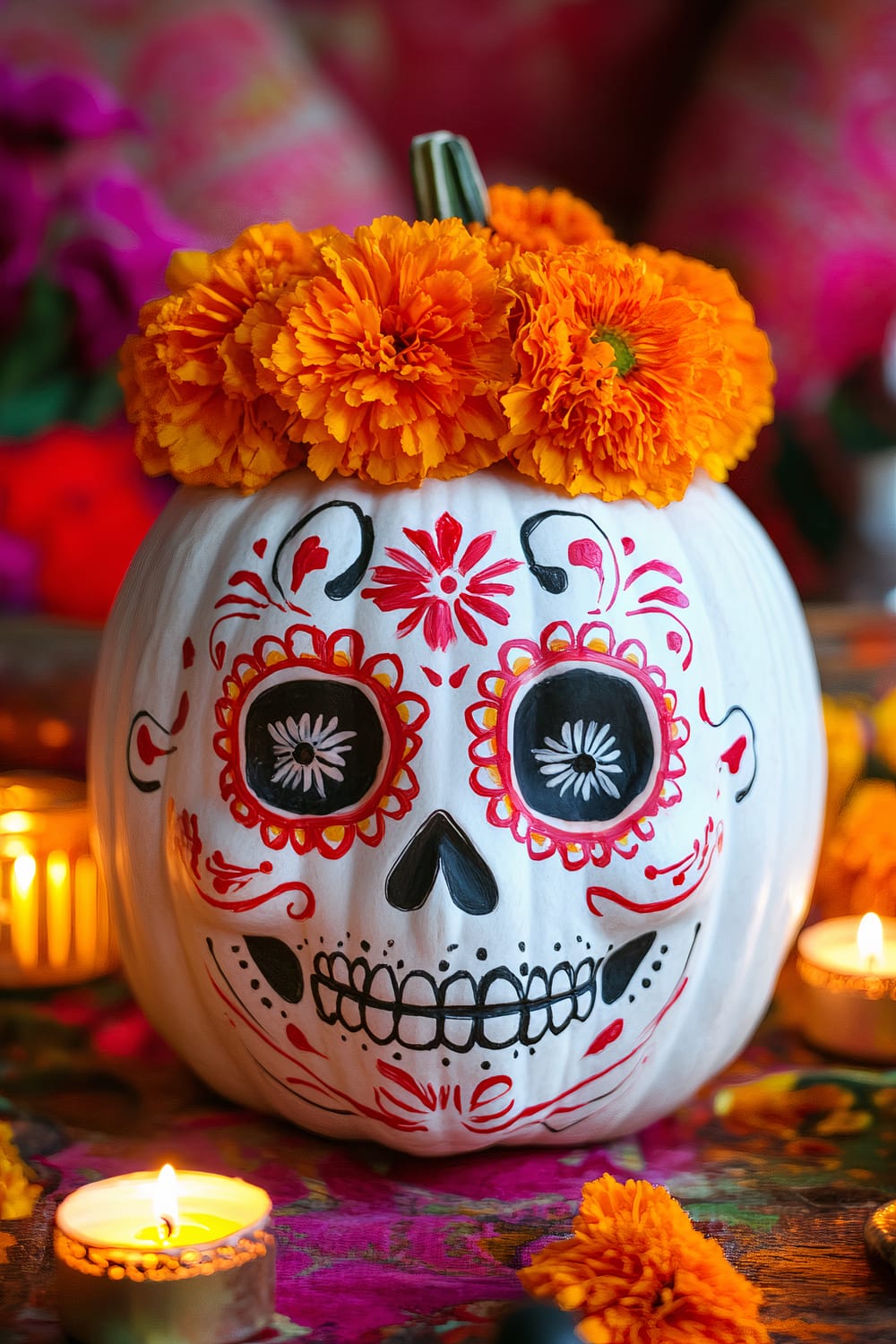 A close-up image of a white pumpkin that has been painted with a colorful and intricate sugar skull design in the style of Dia de los Muertos. The pumpkin is decorated with vibrant patterns in red and black, including flowers around the eyes and intricate designs on the forehead and around the face. An orange marigold flower crown adorns the top of the pumpkin. There are lit candles and additional marigold flowers arranged around the pumpkin, creating a warm and festive atmosphere.