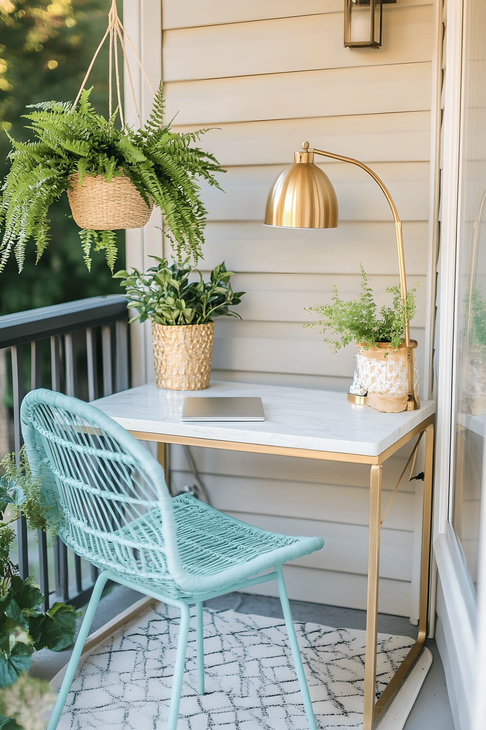 A stylish outdoor workspace set on a patio with a small white marble desk featuring a gold desk lamp and a potted fern. A cozy pastel blue chair situated near the desk adds comfort to the environment, while a hanging herb garden provides a natural touch and enhances the visual appeal of the space. The warm morning sunlight illuminates the workspace, creating a calm and inspiring ambience.