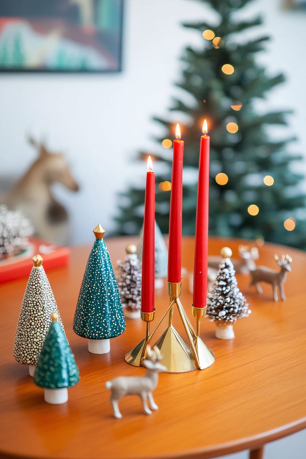 A festive table setup featuring a gold candelabra with three lit red taper candles as a centerpiece. Surrounding the candelabra are small decorative Christmas trees and reindeer figurines. In the background, there is a blurred out Christmas tree with warm white lights and a painting on the wall.