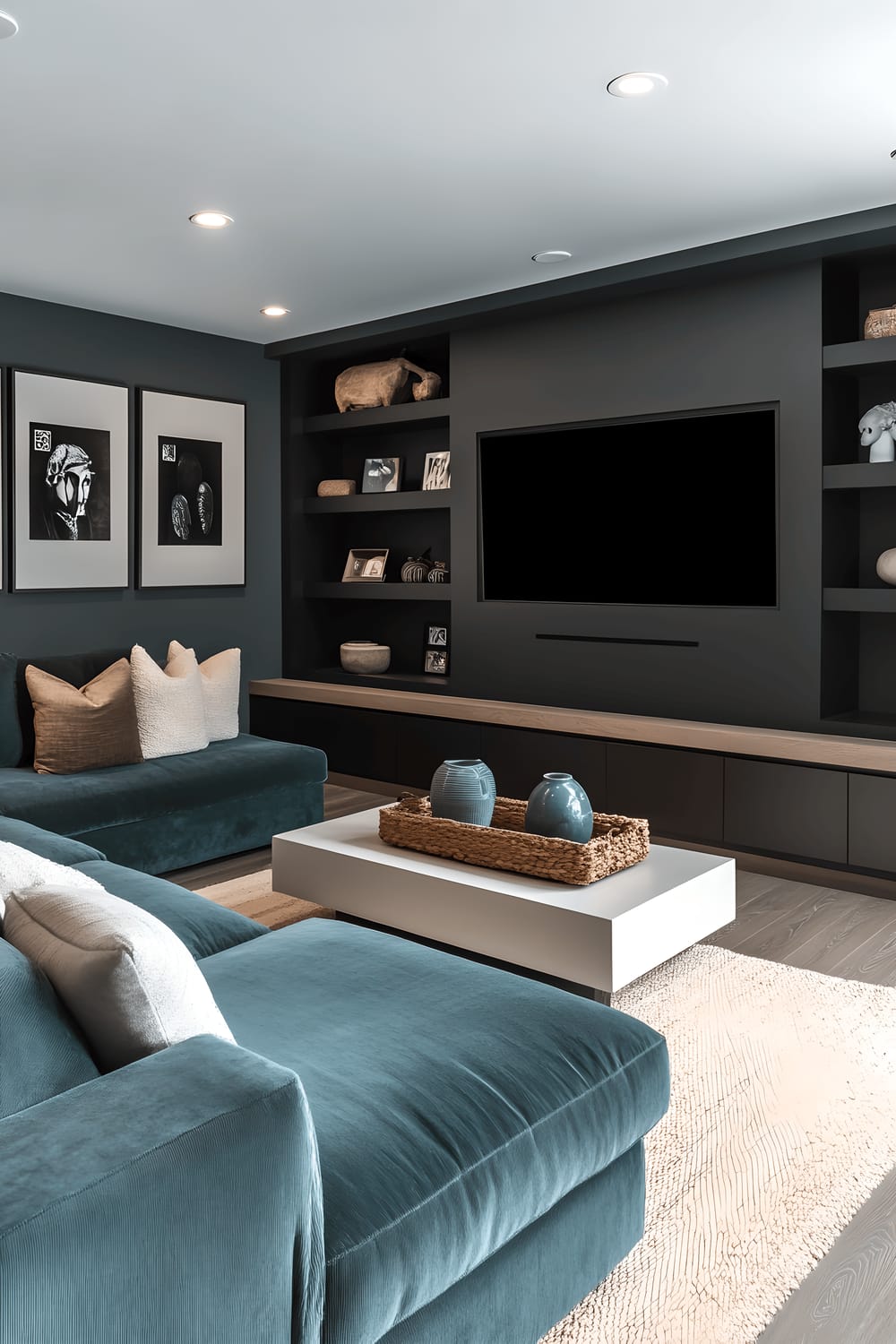 A stylish media room with dark gray walls, light walnut flooring, a large sectional sofa in muted teal arranged around a white media console. A flat-screen TV is fitted on the wall above the console, flanked by minimalistic black shelving units displaying decorative objects. A soft beige area rug is spread out in the seating area. The room is lit by recessed ceiling lighting.