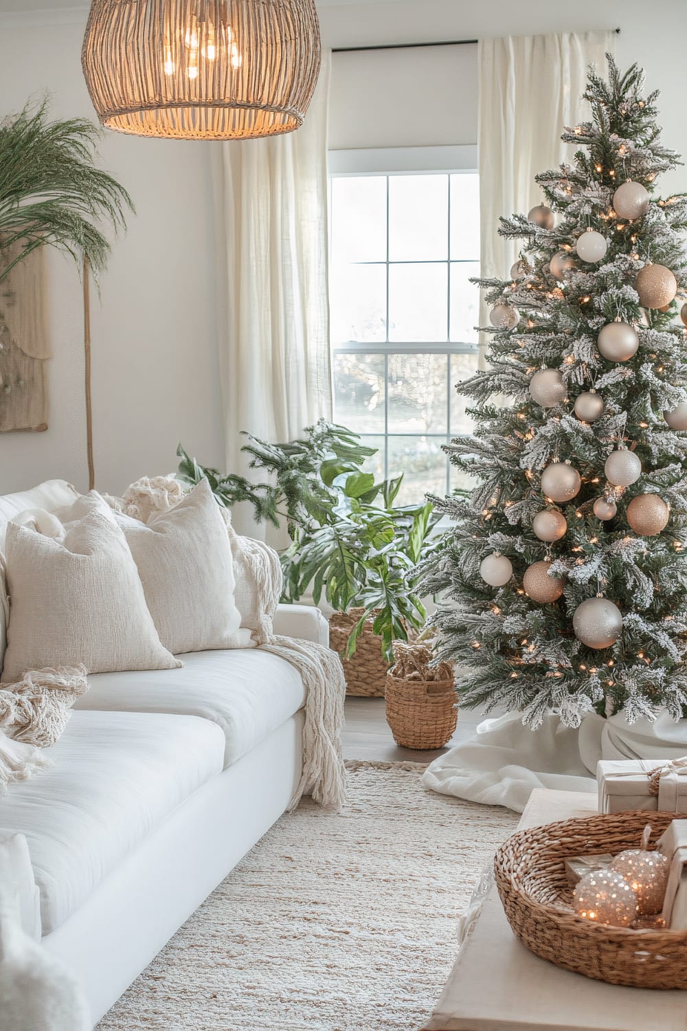 A beautifully decorated living room with a Christmas theme featuring a frosted Christmas tree adorned with gold and white ornaments, a white sofa with large plush pillows, and various potted plants. A rattan pendant light hangs from the ceiling, and a woven basket on the coffee table holds festive decorations. The room is bathed in natural light from a large window with sheer white curtains.