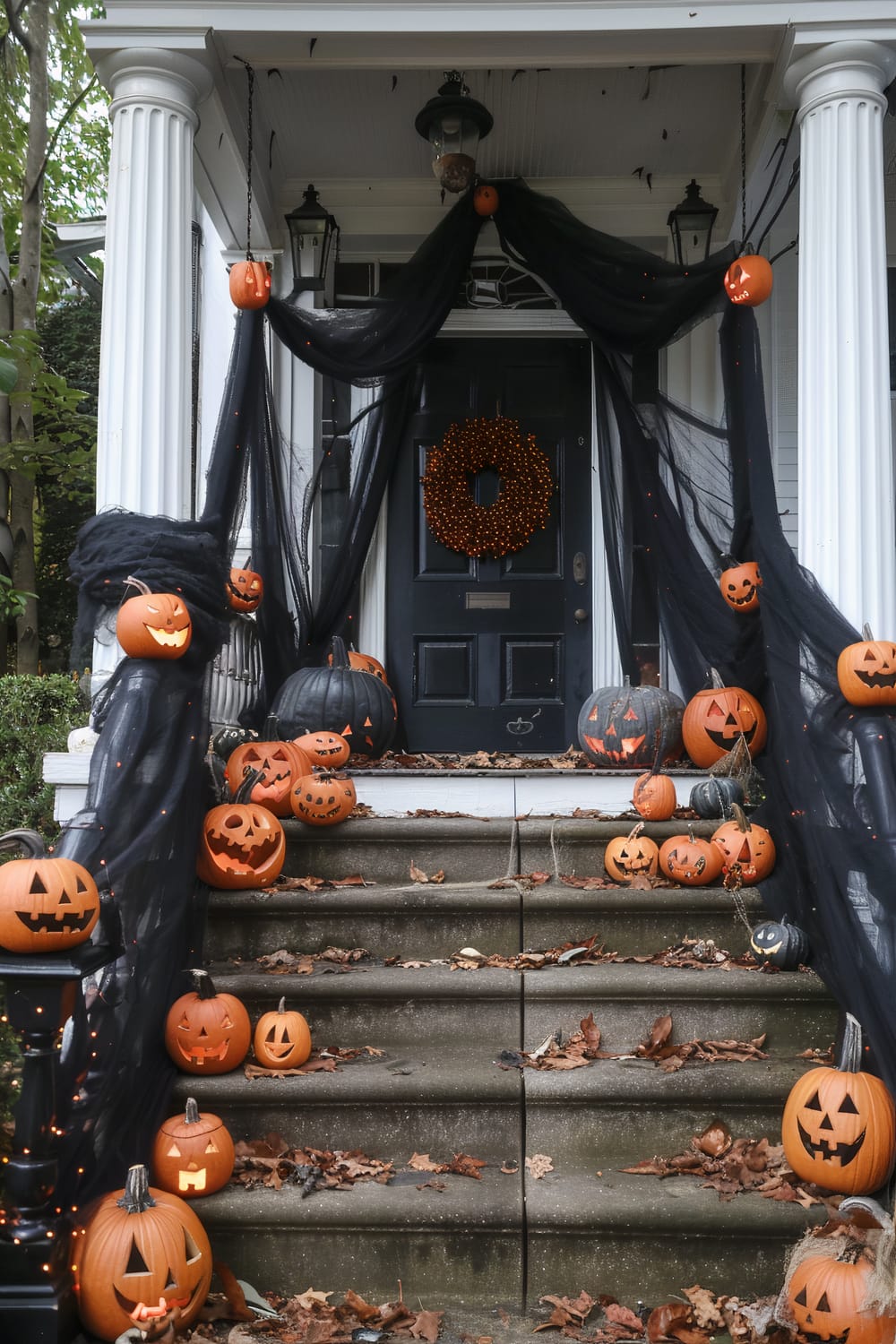 A front porch decorated for Halloween with an array of carved pumpkins sitting on the steps and black spooky fabric draped around the railings and columns. A black door features a wreath made of orange lights. Leaves are scattered across the steps.