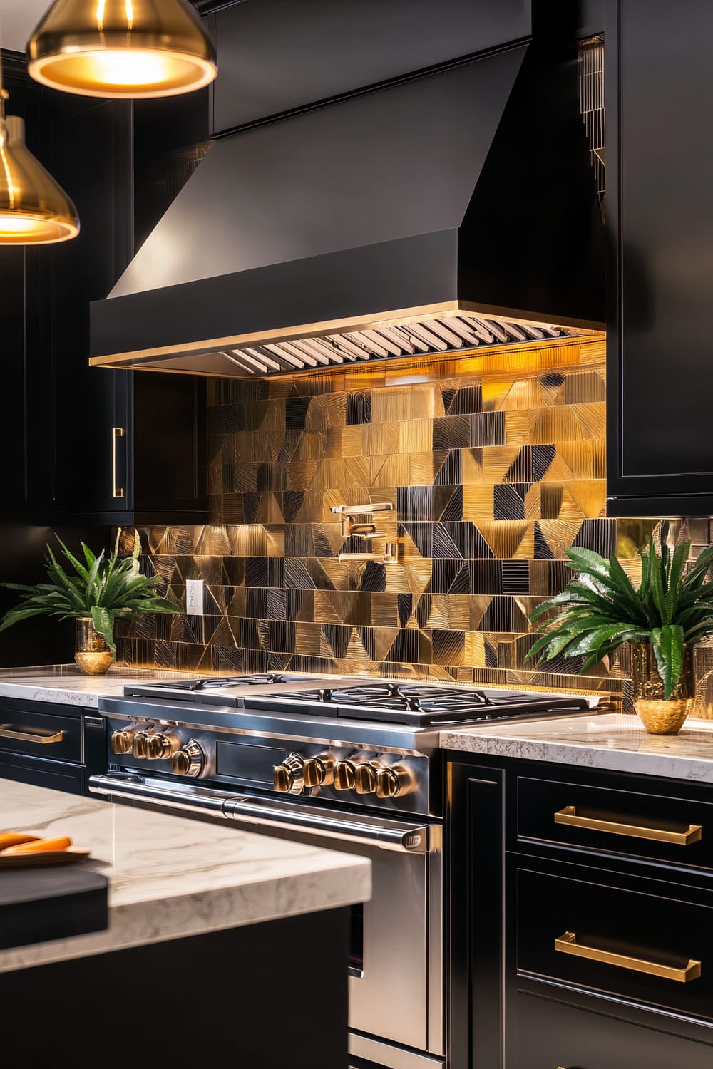 A luxurious, modern kitchen featuring a sleek black range hood over a stainless steel stove. The backsplash is adorned with geometric gold and black tiles. Glossy black cabinetry is equipped with gold hardware. Marble countertops hold two potted ferns in gold vases. Golden pendant lights hang above an island with a marble countertop.