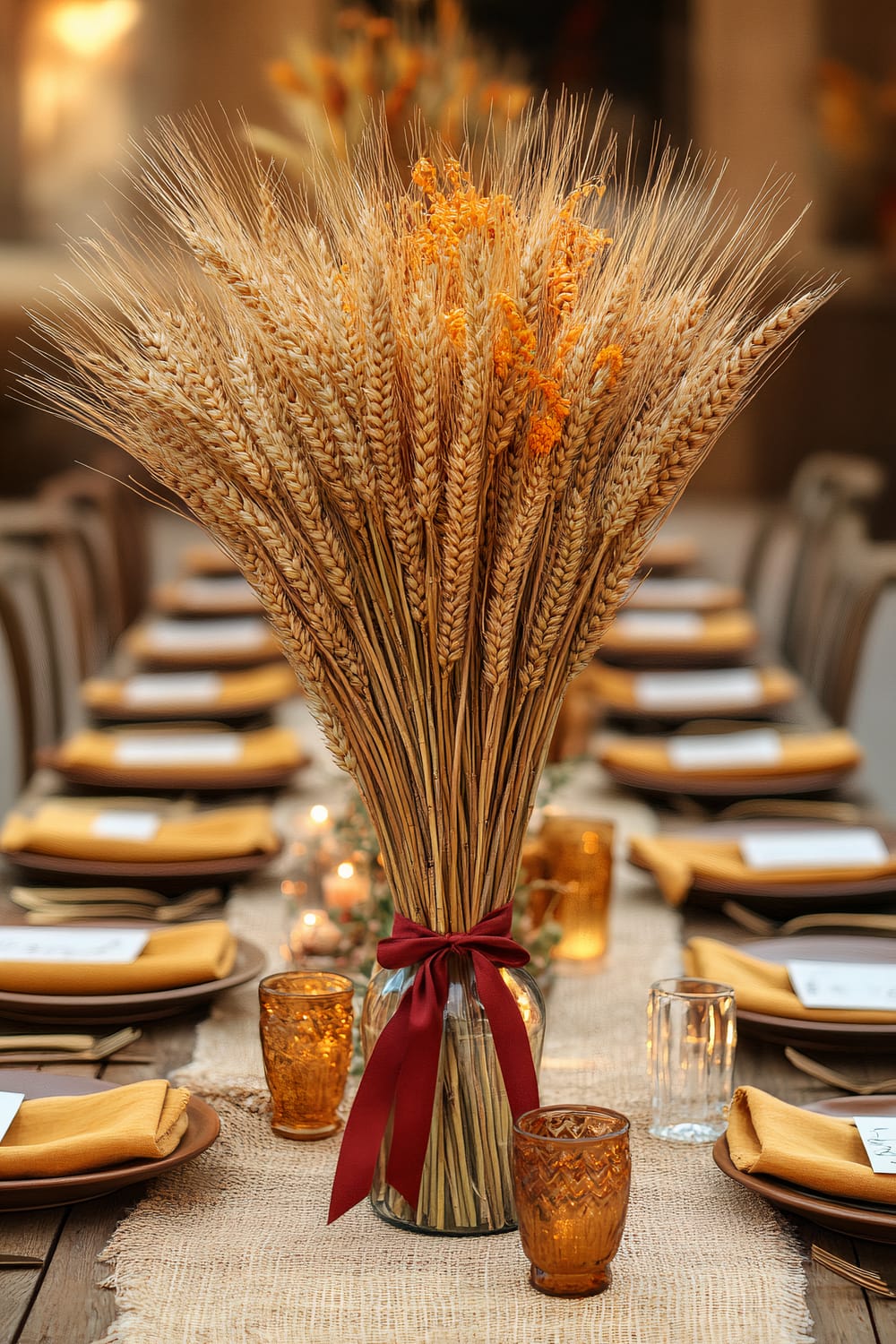 A rustic tablescape is adorned with a centerpiece featuring a large bundle of wheat stalks tied with a deep red ribbon in a clear glass vase. The long dining table is decorated with gold-colored goblets, and woven placemats. Yellow napkins are neatly placed on each setting.