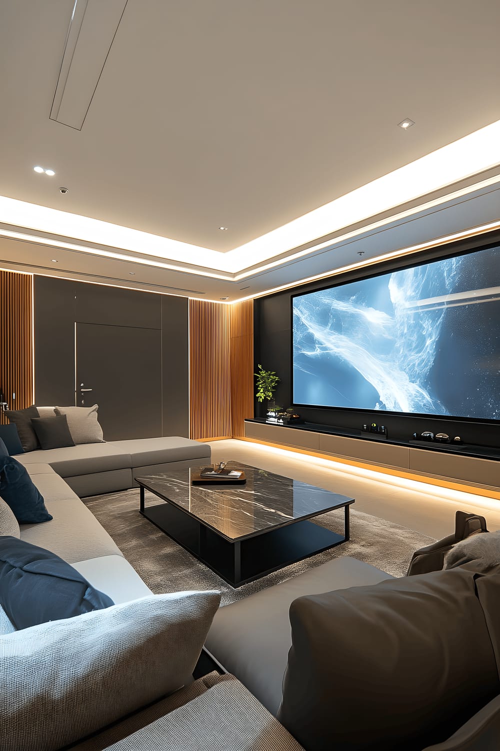 A modern smart home interior in Gangnam with automated lighting and climate control. The space, decorated in blues and silvers, features clean-lined furniture, large screens, and hidden storage, resulting in a tidy, clutter-free appearance.