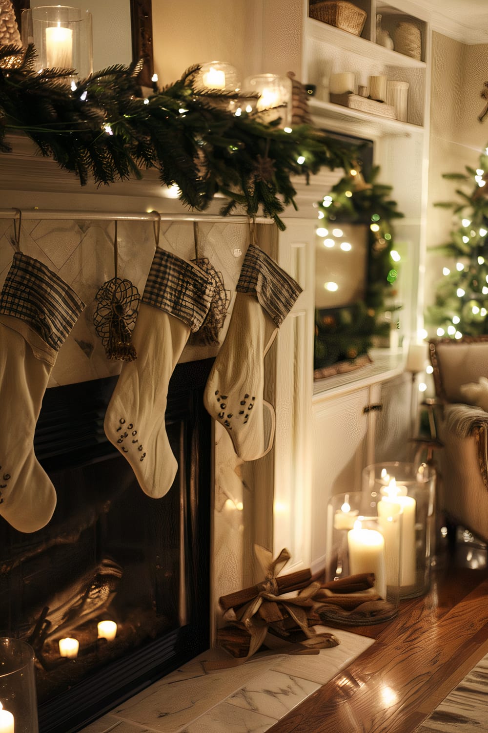 A warmly lit living room decorated for Christmas with a white mantel adorned with garland, candles, and stockings. The fireplace is surrounded by white tiles and dark ironwork, with small candles inside. To the right, a plush chair is next to a display of large pillar candles in glass containers and a traditional Christmas tree with twinkling lights.