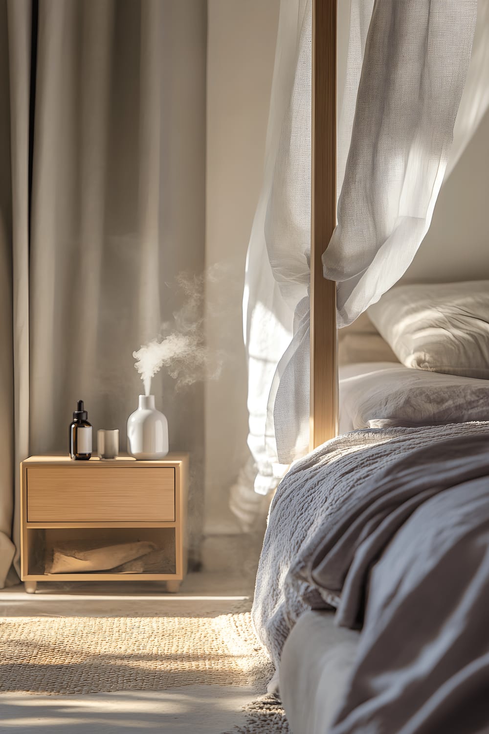 A serene bedroom bathed in morning light featuring a lavender-colored canopy bed, light gray linen curtains, minimalist bedside tables, single ceramic oil burners, and an essential oil diffuser expelling aromatic mist.