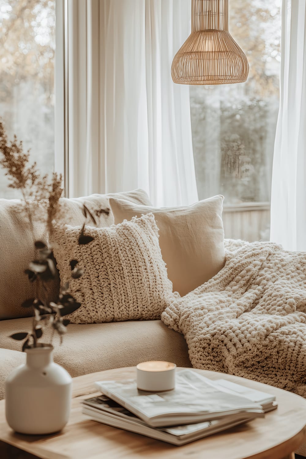 A small cozy living room embracing the Danish concept of hygge with a plush beige woolen sofa covered in soft ivory knit throws. A minimalist wooden coffee table in the center is stylized with a ceramic candle holder and a neat pile of design magazines. Light streams in through a large corner window with sheer white curtains, harmonizing with light emitted from a warm pendant lamp hanging above. The predominantly neutral tones are subtly enriched with muted blue accents for a calming, inviting mood.