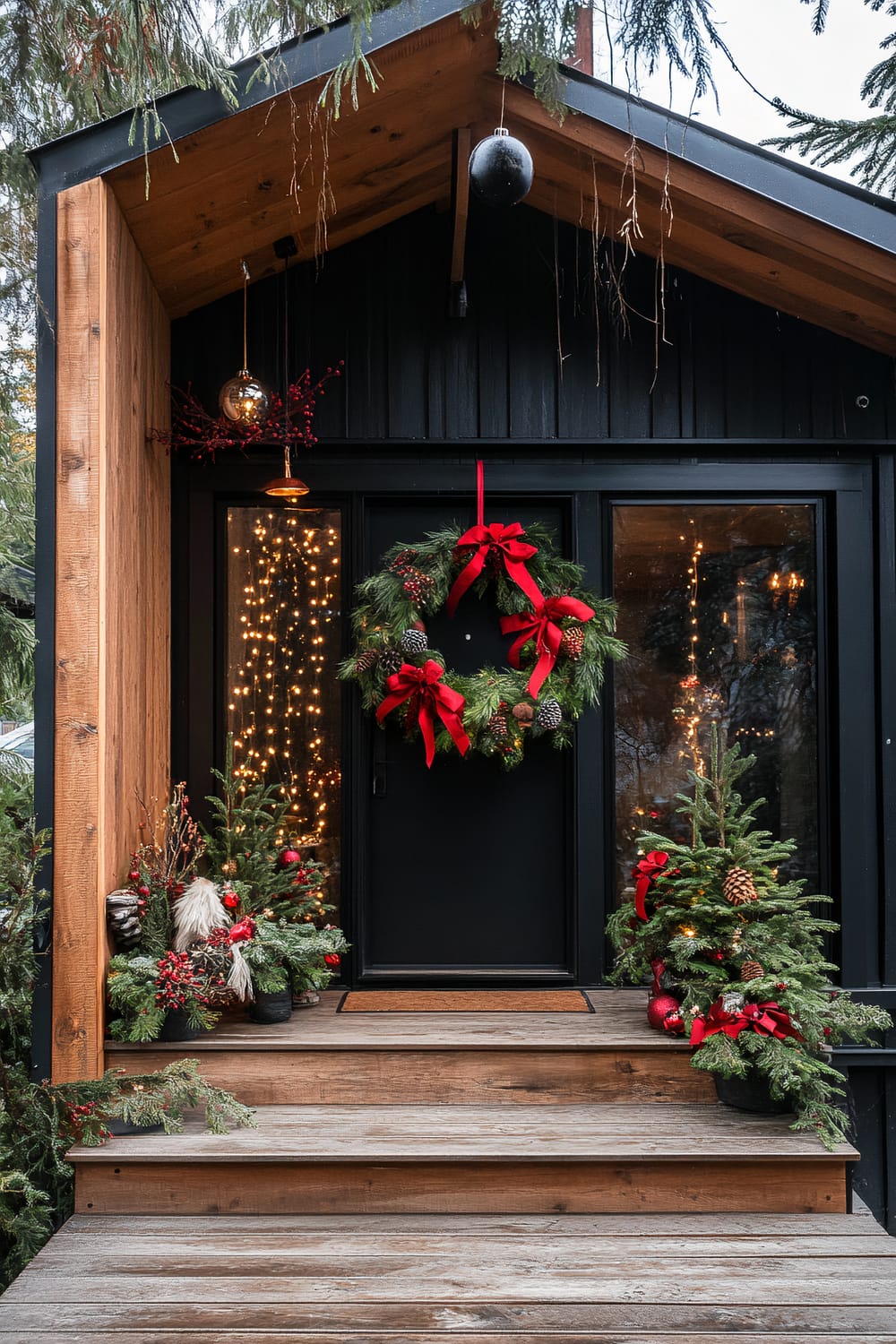 The image shows an outdoor entrance to a house decorated for Christmas. The wooden porch leads up to a black front door that is adorned with a large green wreath decorated with red ribbons, pine cones, and berries. To the left and right of the door are small Christmas trees potted in urns, decorated similarly with red ribbons and ornaments. The house has black siding with wooden trim and a covered roof area partially adorned with hanging festive decorations. Inside, visible through the windows, are glowing string lights adding to the festive atmosphere.