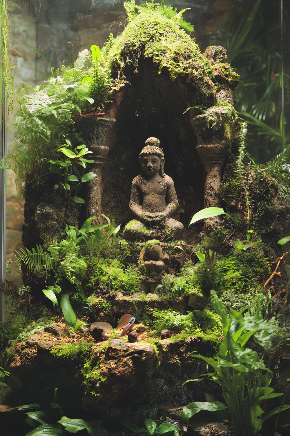 A moss-covered stone statue of a meditating figure is nestled in a lush, green, miniature garden. The statue is surrounded by various plants and appears to be in a natural, rocky alcove. The plants include ferns and other foliage, creating a serene and tranquil atmosphere.