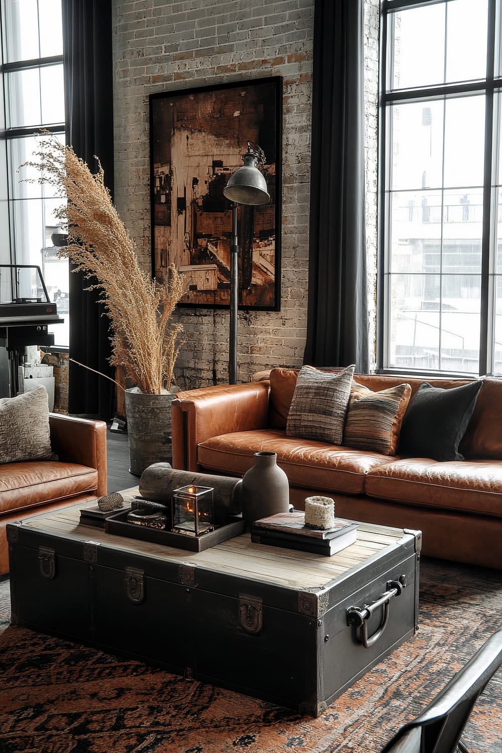 A stylish living room features a blend of industrial and rustic elements. Two brown leather sofas, adorned with grey and black cushions, flank a large trunk-style coffee table. The table is topped with decorative items including a black lantern, textured vase, and several stacked books. A textured dark rug covers the floor. The backdrop consists of an exposed brick wall with a tall industrial-style floor lamp and a framed abstract painting. Tall windows with black frames and curtains allow a flood of natural light, giving the space an airy feel. A large potted plant with dry golden branches adds a natural accent to the room.