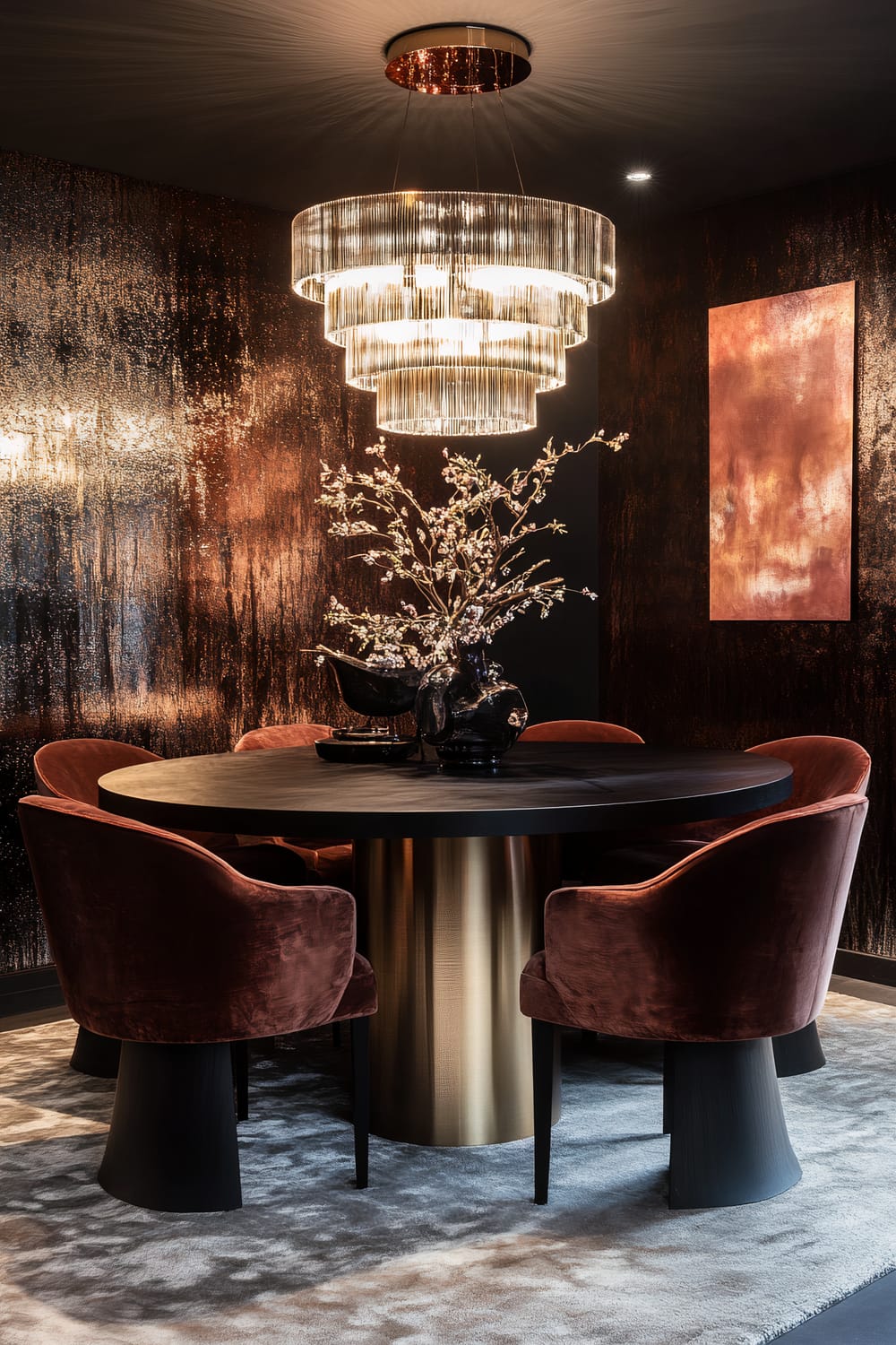 A luxurious dining room featuring a round black table with a gold cylindrical base. The table is surrounded by plush, burnt-orange velvet chairs. A centerpiece on the table includes a black vase with branches of white blossoms. Above the table hangs an exquisite, multi-layered chandelier with cascading glass elements. The room's walls have a dark, textured finish with a metallic sheen, and a textured art piece in similar warm hues is visible on one wall. The floor is covered with a soft, light gray carpet.