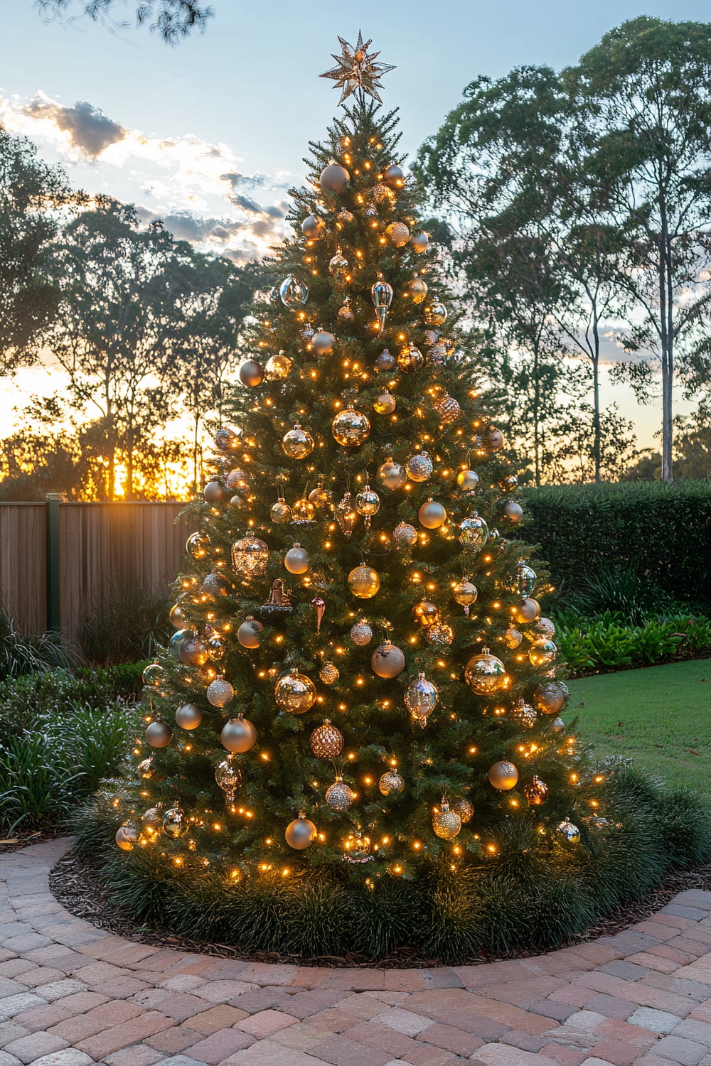 A luxurious outdoor Christmas tree decorated with multi-colored LED lights and elegant glass ornaments, positioned in a beautifully landscaped garden at sunset. The tree is topped with a star ornament and surrounded by well-maintained green shrubs and a stone path. Tall trees and a wooden fence are visible in the background, with the golden hour sunlight casting a warm glow.