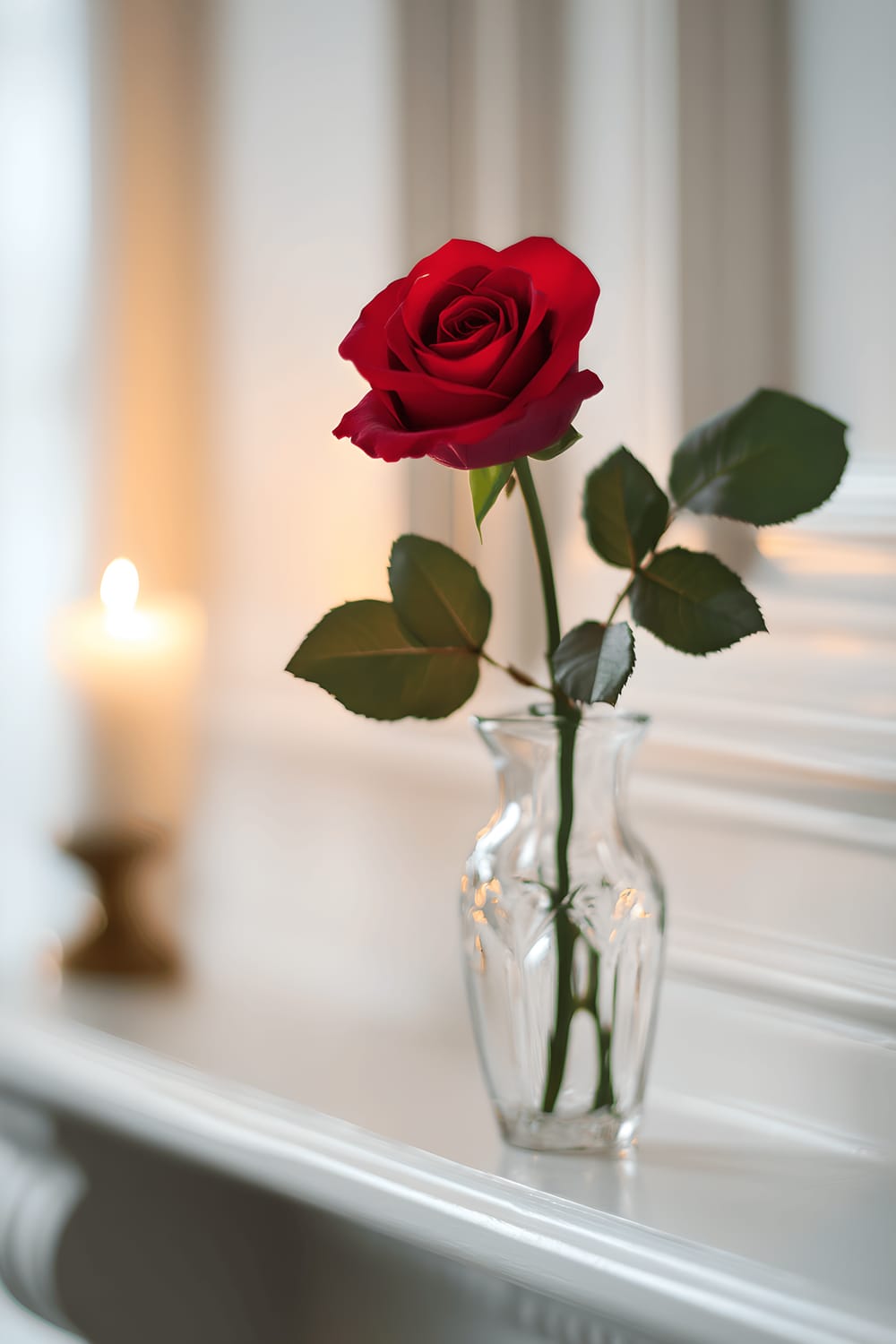 A single deep red rose in a modern glass vase on a white mantel, softly lit by the warm glow of nearby candles against a neutral canvas.