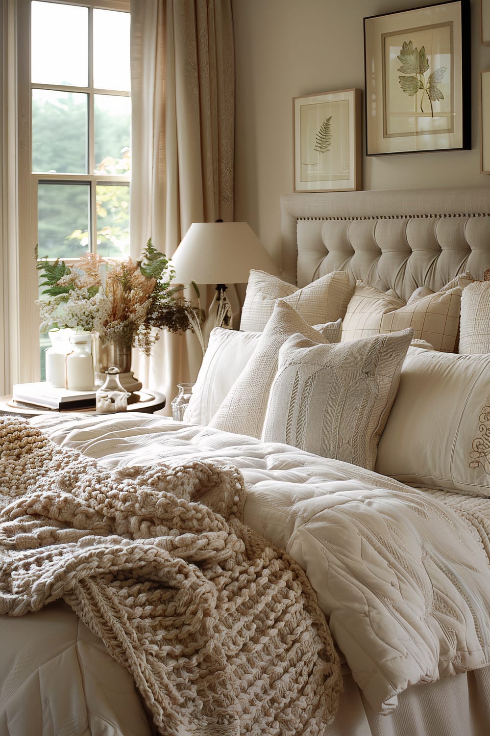 A bedroom features a plush, tufted headboard with soft, cream-colored bedding. The bed is adorned with various pillows in different shades and textures. A chunky knit throw blanket rests at the foot of the bed. A bedside table holds a lamp, books, candles, and a vase of dried flowers. Light filters through tall windows with sheer curtains, and botanical prints decorate the wall above the bed.