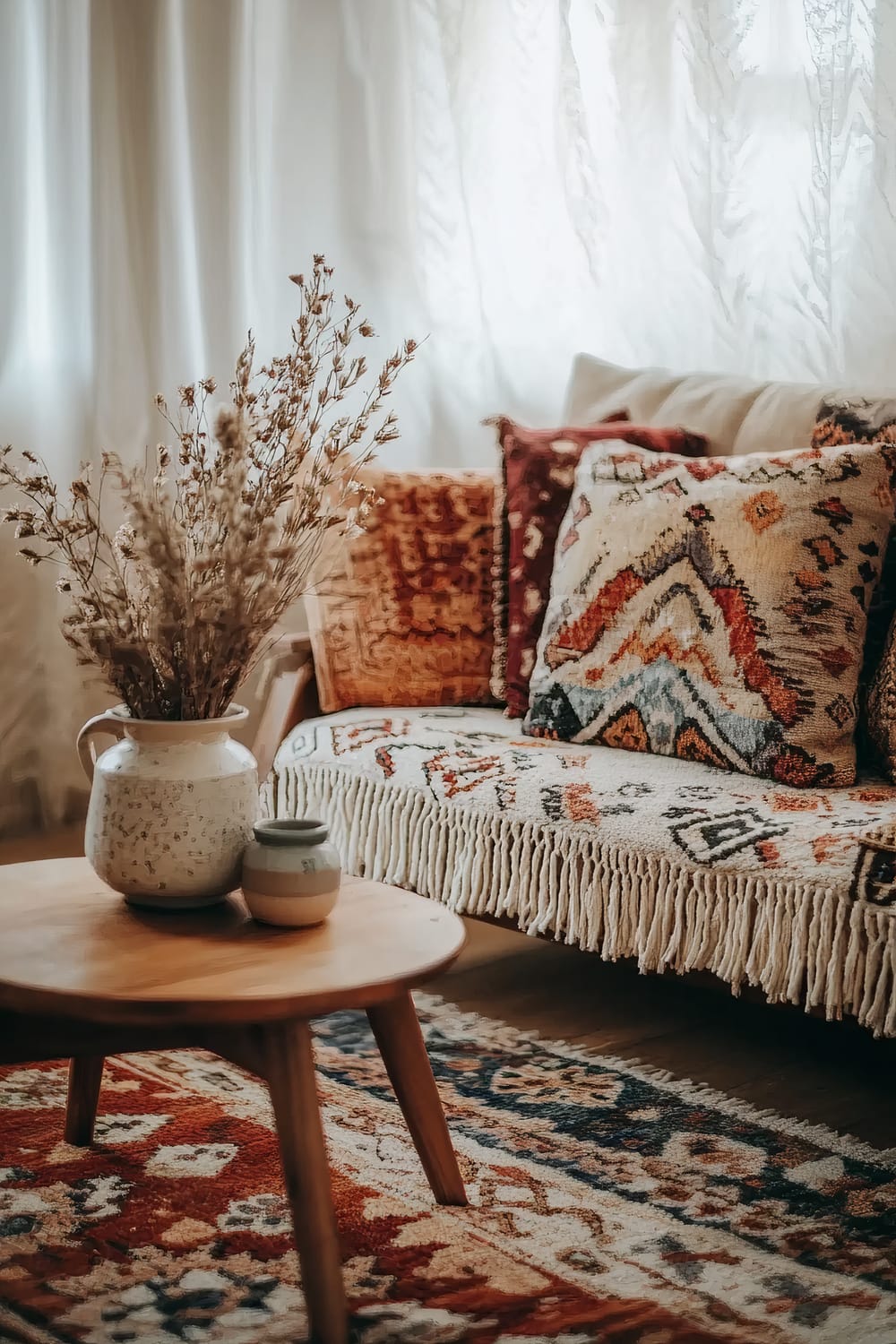 A close-up view of a boho-themed living room. The room features a vibrant patterned rug with predominant red and blue hues. A small wooden coffee table holds a ceramic vase with dried flowers. The sofa is adorned with colorful throw pillows in various textures and patterns. A macramé wall hanging is partially visible, and natural light filters through sheer curtains in the background.